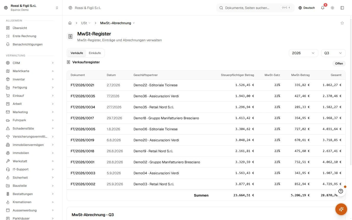 Der Umsatzsteuerbereich von Equinox: periodische Umsatzsteuerregister eines Demo-Unternehmens mit steuerpflichtigen Beträgen, Sätzen und Umsatzsteuersummen pro Zeitraum.