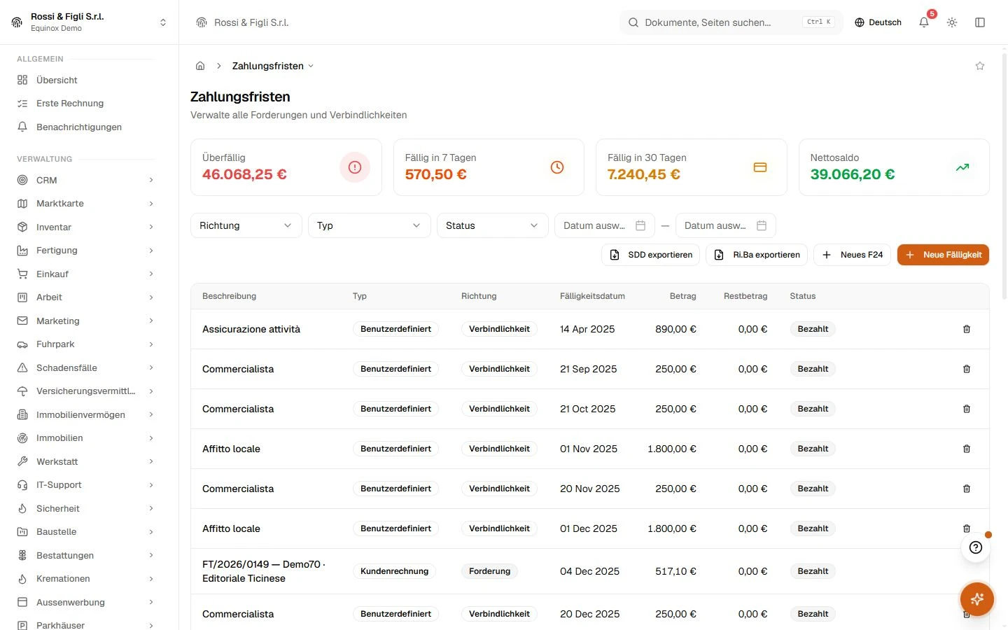 Der Fälligkeitsplan von Equinox: Zahlungsfälligkeiten eines Demo-Unternehmens mit Richtung, Beträgen, Restbeträgen, Fälligkeitsdaten und Status.