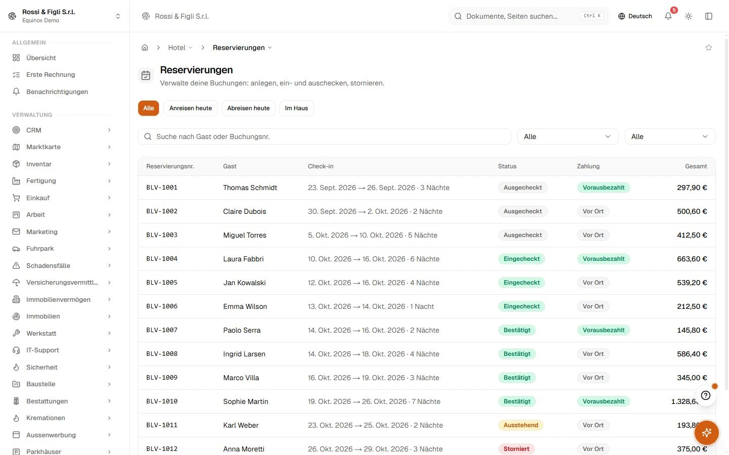 Die Reservierungsliste des Equinox-Hotelmoduls: Reservierungen eines Demo-Betriebs mit Nummer, Gast, Daten und Nächten, Status-Badge, Zahlungsstatus und Gesamtbetrag.