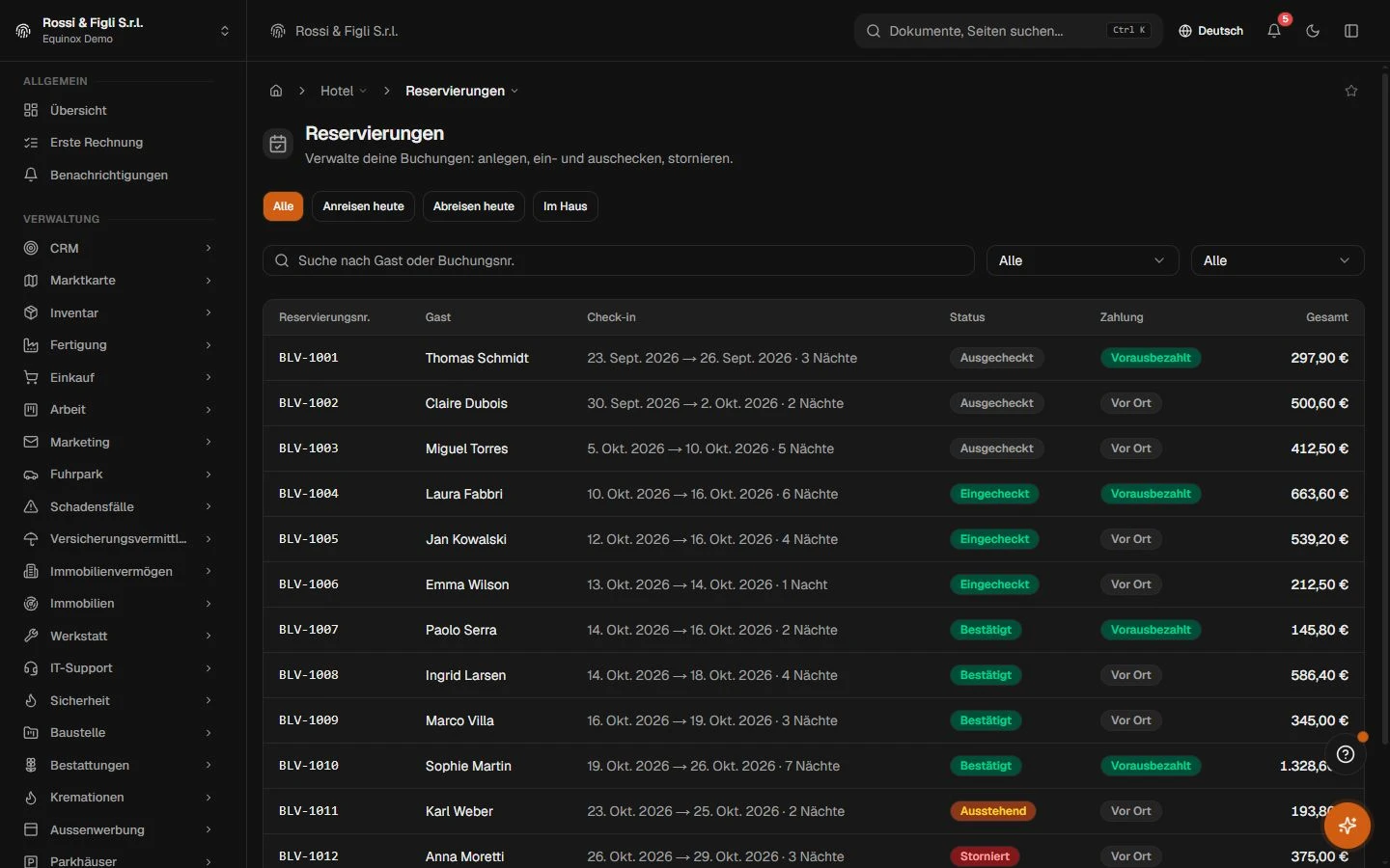 Die Reservierungsliste des Equinox-Hotelmoduls: Reservierungen eines Demo-Betriebs mit Nummer, Gast, Daten und Nächten, Status-Badge, Zahlungsstatus und Gesamtbetrag.