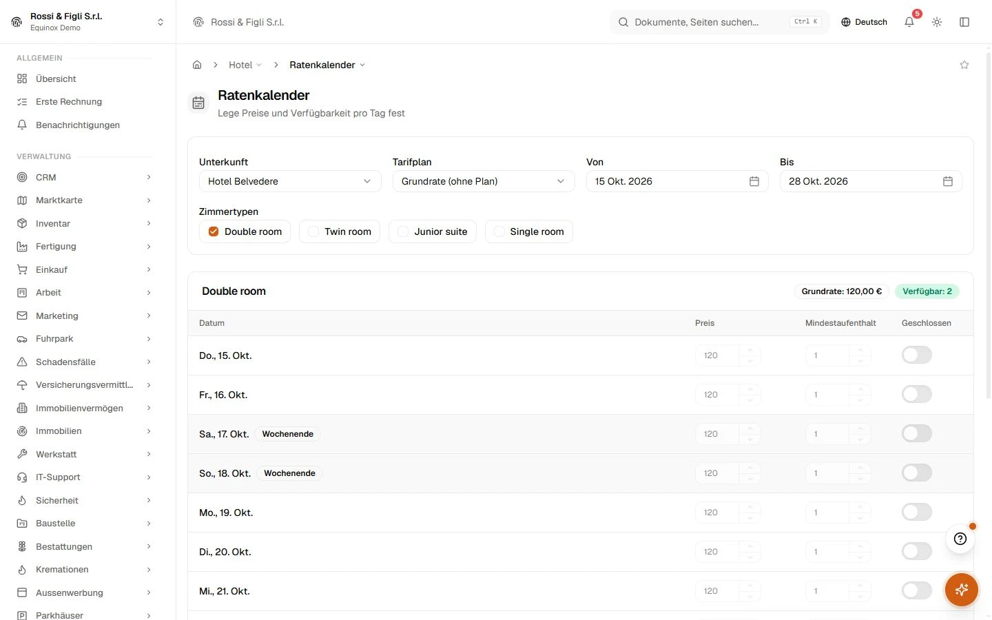 Der Ratenkalender von Equinox: das Tagesraster eines Zimmertyps eines Demo-Betriebs mit Preis, Mindestaufenthalt und Schließen-Schalter pro Tag, und die Leiste für die Massenanwendung oben.