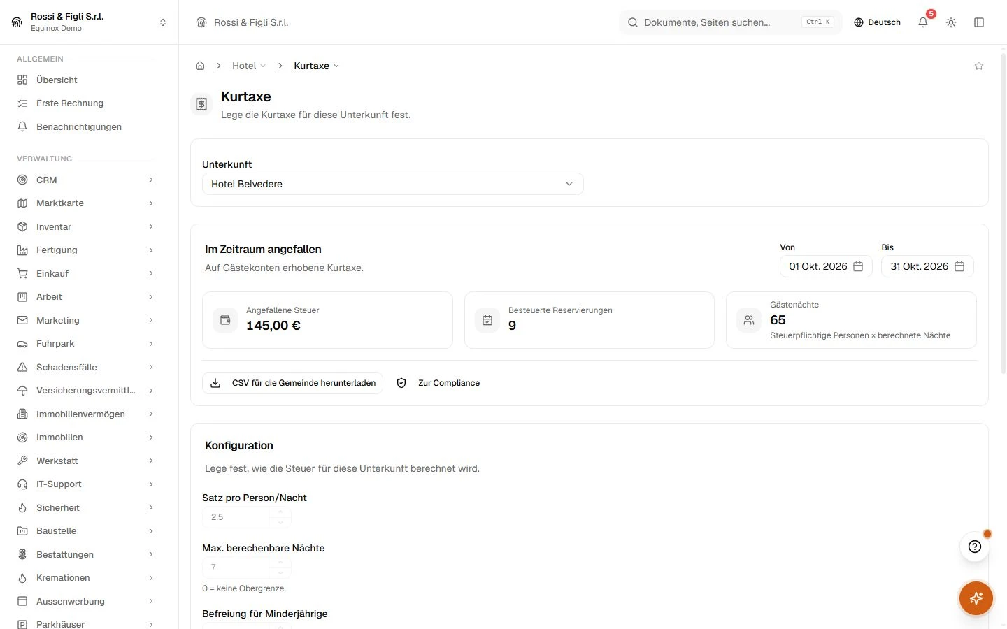Der Kurtaxe-Bildschirm von Equinox: aufgelaufene Kurtaxe im Zeitraum, abgerechnete Aufenthalte und Gästenächte eines Demo-Betriebs, der CSV-Export, und die Einstellungen für Satz, Nächte-Obergrenze und Minderjährigen-Befreiung.