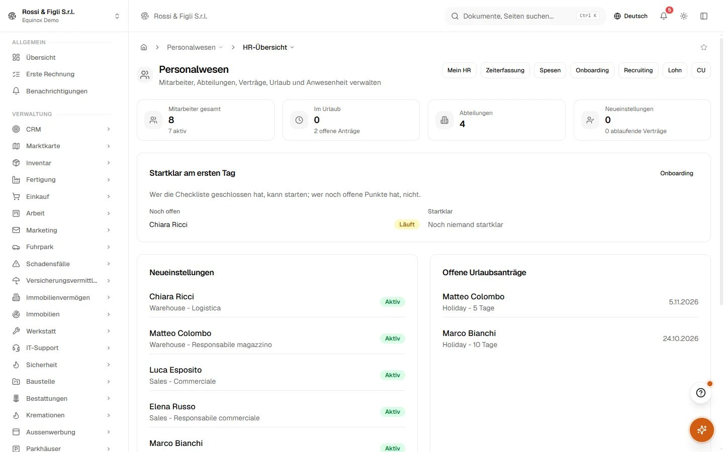 Das HR-Dashboard von Equinox: Zähler für Mitarbeiterzahl und Abteilungen, letzte Neueinstellungen, ausstehende Urlaubsanträge und ablaufende Verträge eines Demo-Unternehmens.