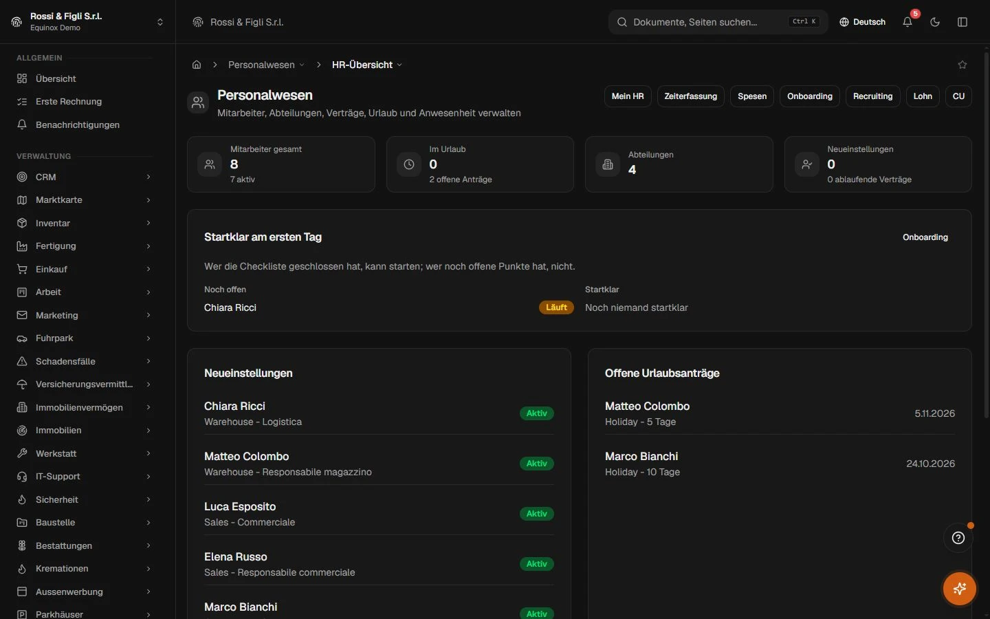 Das HR-Dashboard von Equinox: Zähler für Mitarbeiterzahl und Abteilungen, letzte Neueinstellungen, ausstehende Urlaubsanträge und ablaufende Verträge eines Demo-Unternehmens.