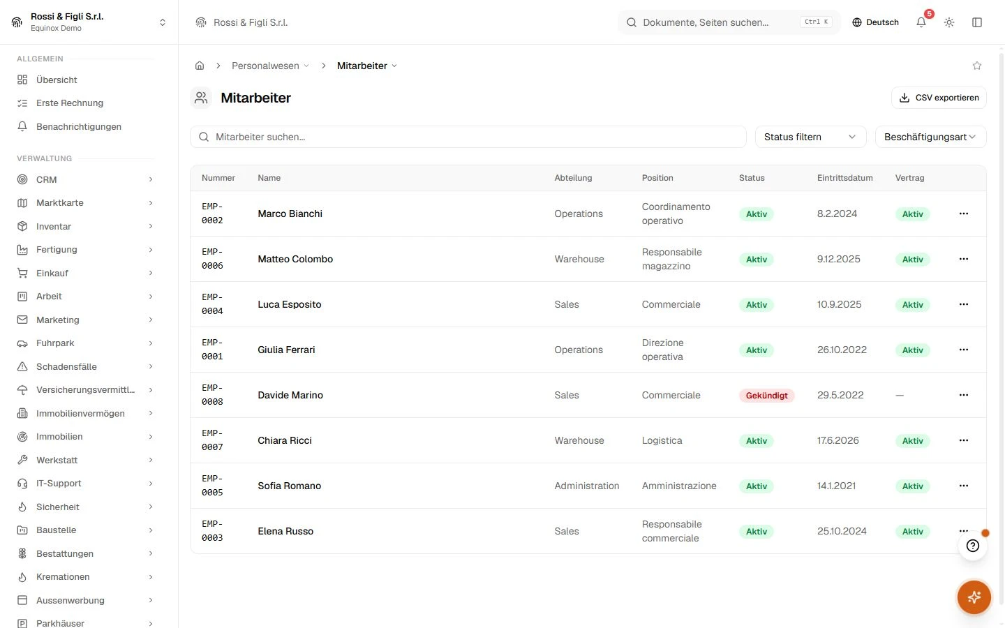 Die Mitarbeiterliste von Equinox: fünf Mitarbeiter mit Personalnummer, Abteilung, Position, Status und Vertrags-Badges.