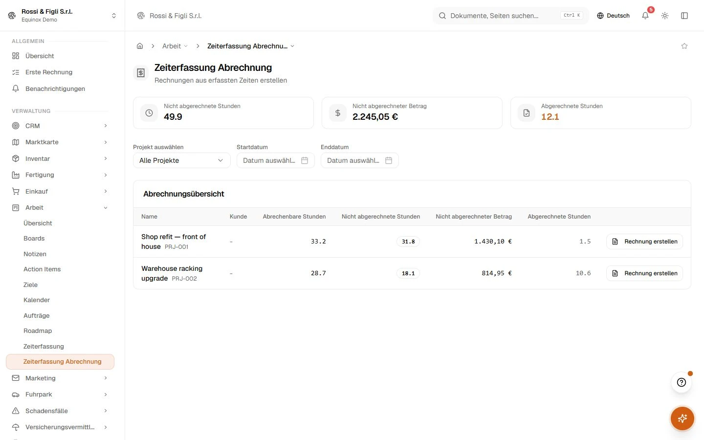 Die Stundenzettel-Abrechnungsseite von Equinox: nicht abgerechnete Stunden und Beträge, gruppiert nach Projekt und Kunde — 1.755,00 € und 247,50 € — jede mit einem Button zum Erzeugen der Rechnung.