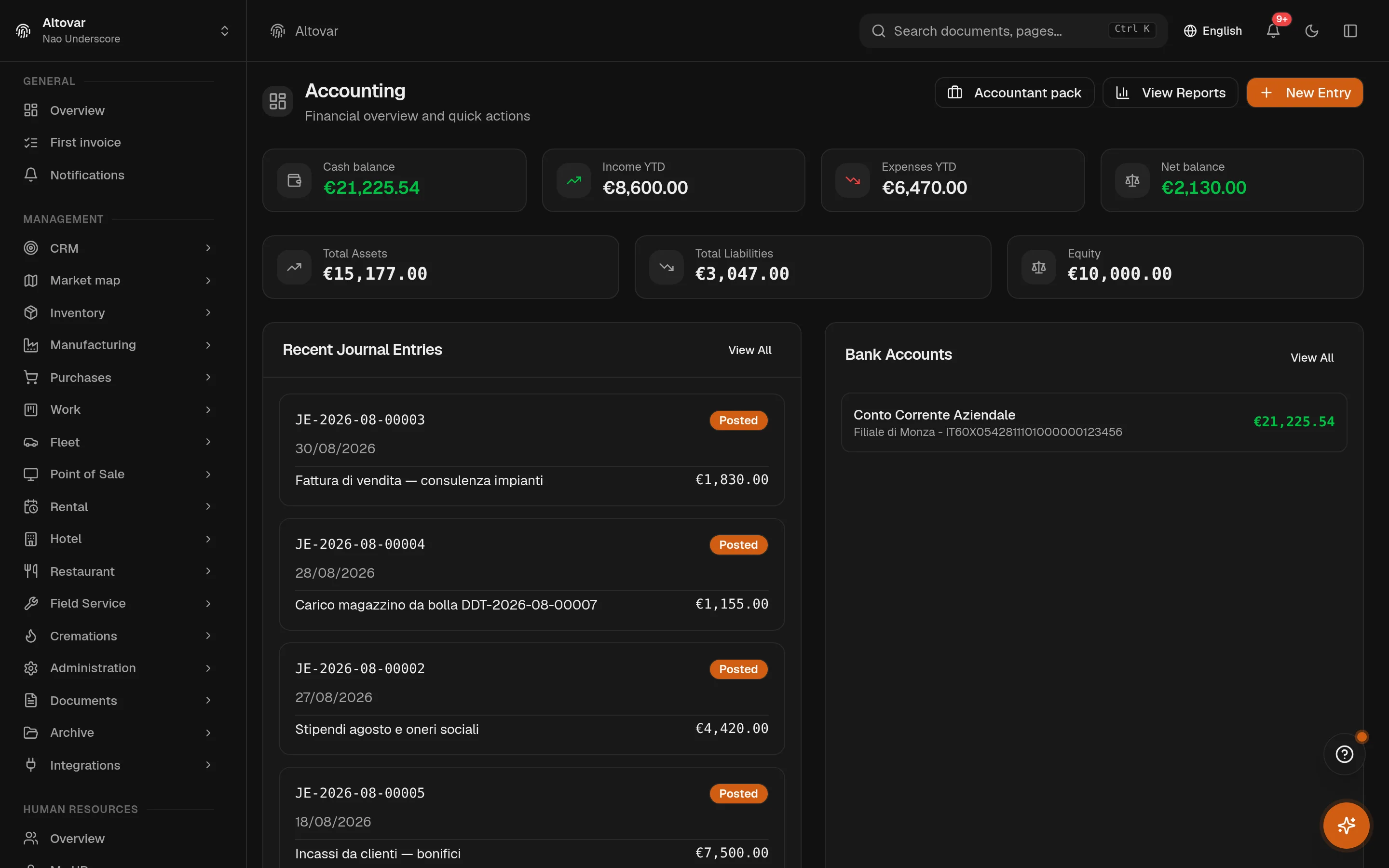 The Equinox accounting overview: a summarised balance sheet, the latest journal entries and the current-year income statement of a demo company.