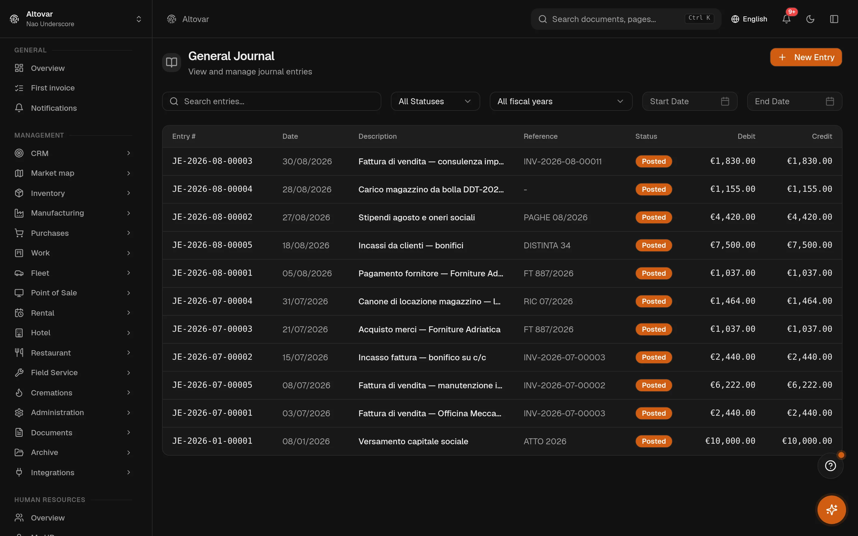 The Equinox journal: a list of double-entry registrations with their status, date, description and amounts, filtered by fiscal year.
