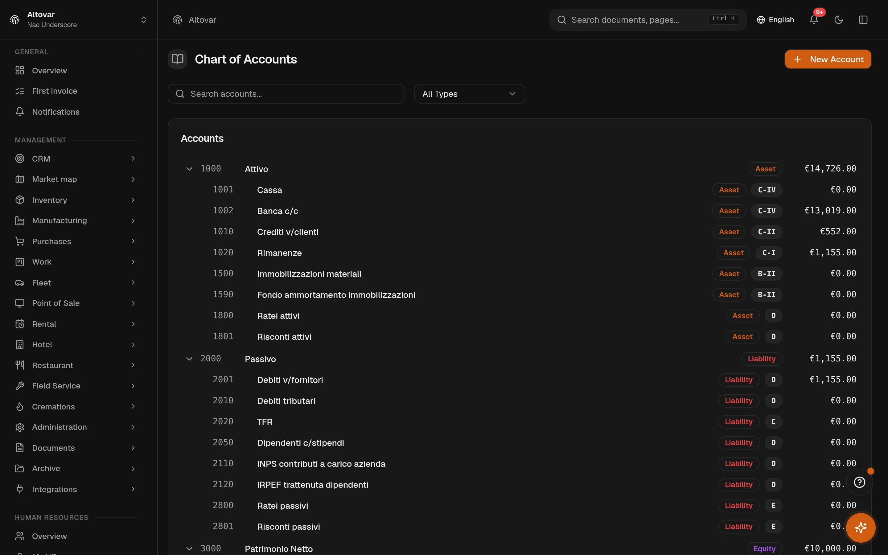 The Equinox chart of accounts: the hierarchical account tree of a demo company with codes, classes and account types.
