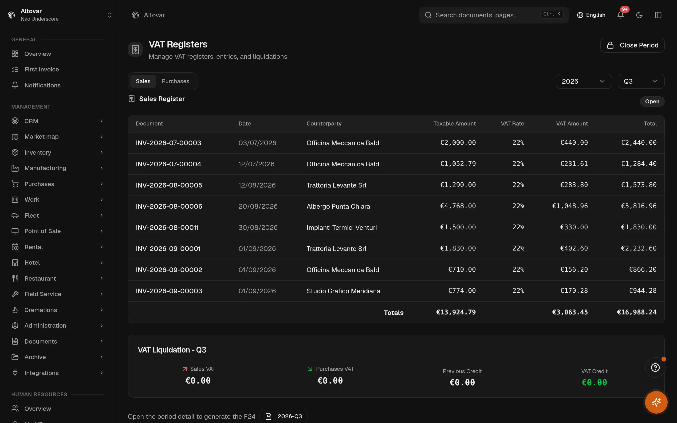 The Equinox VAT area: periodic VAT registers of a demo company with taxable amounts, rates and VAT totals per period.