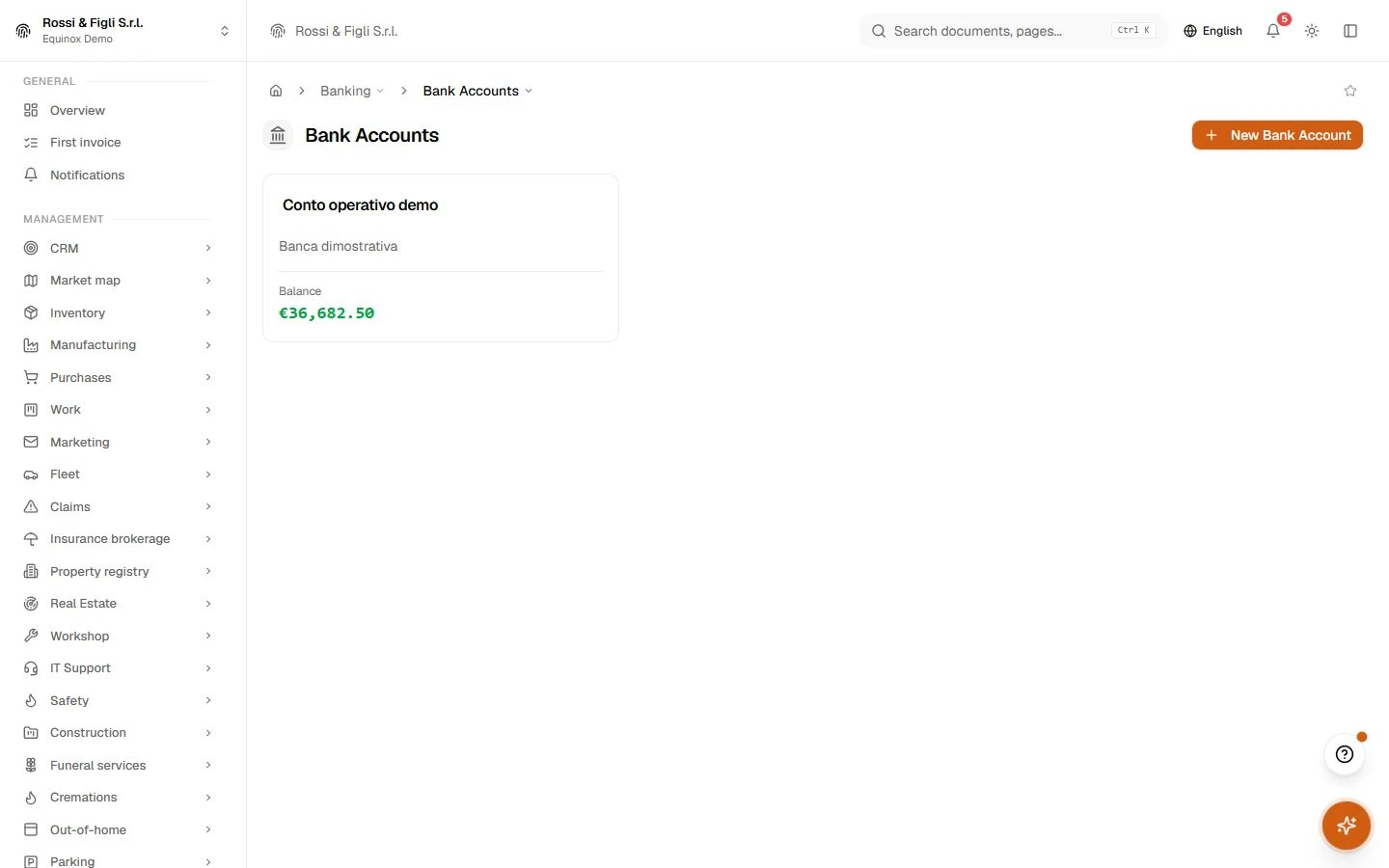 The Equinox bank accounts page: a company current account card with its IBAN and running balance, on the dark theme.
