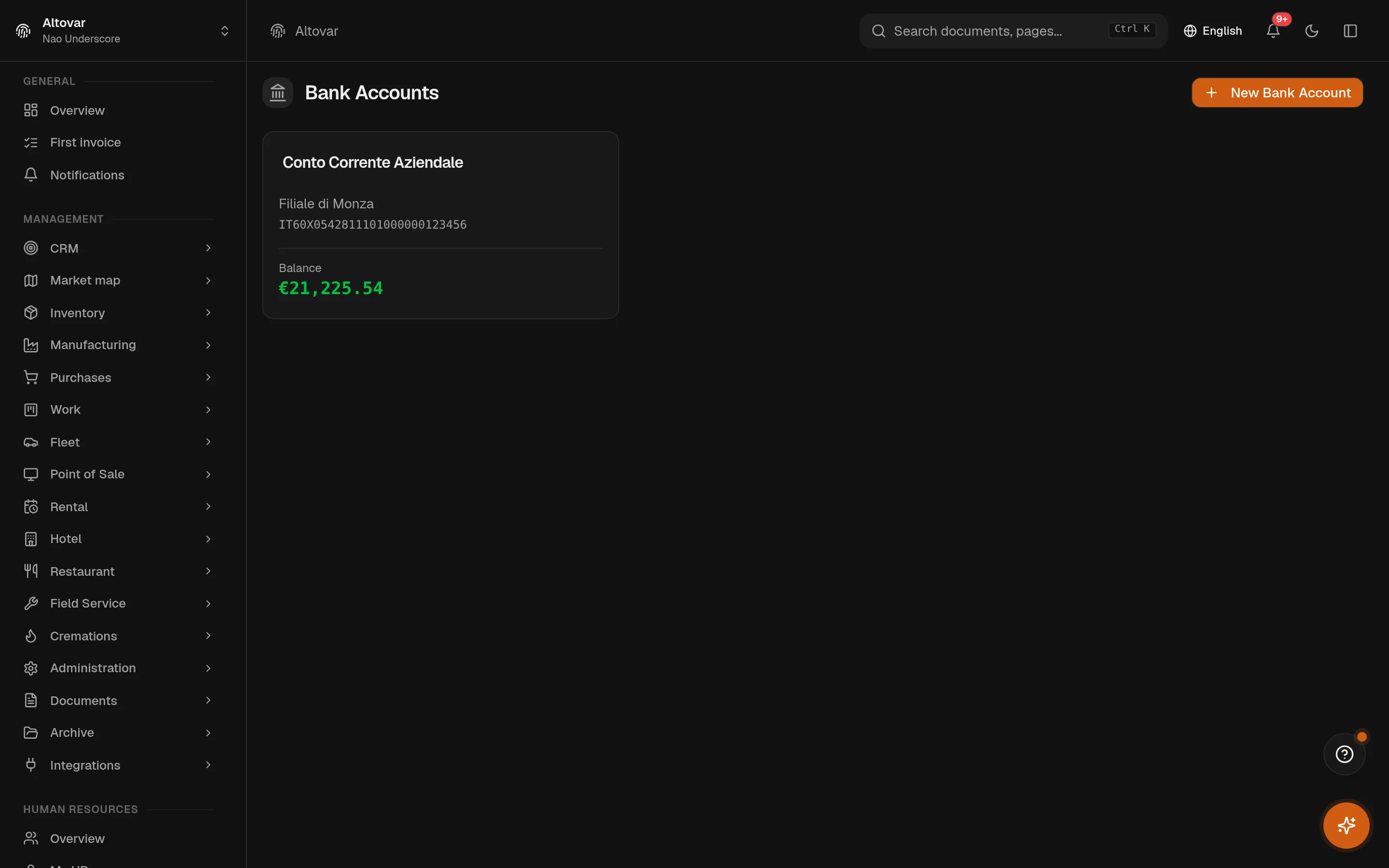 The Equinox bank accounts page: a company current account card with its IBAN and running balance, on the dark theme.
