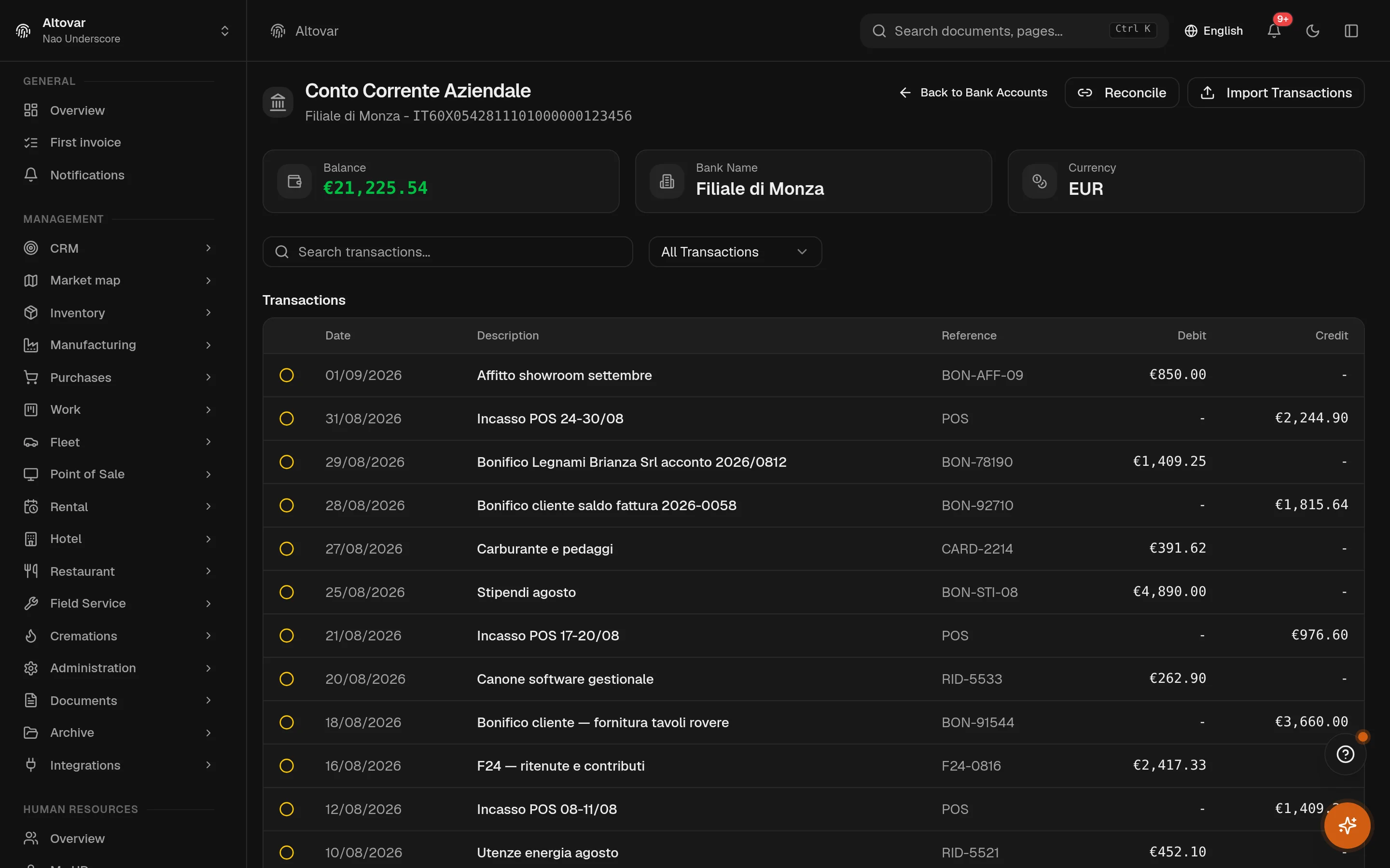 The transaction list of a company account in Equinox: dated movements with descriptions, references, categories and signed amounts.