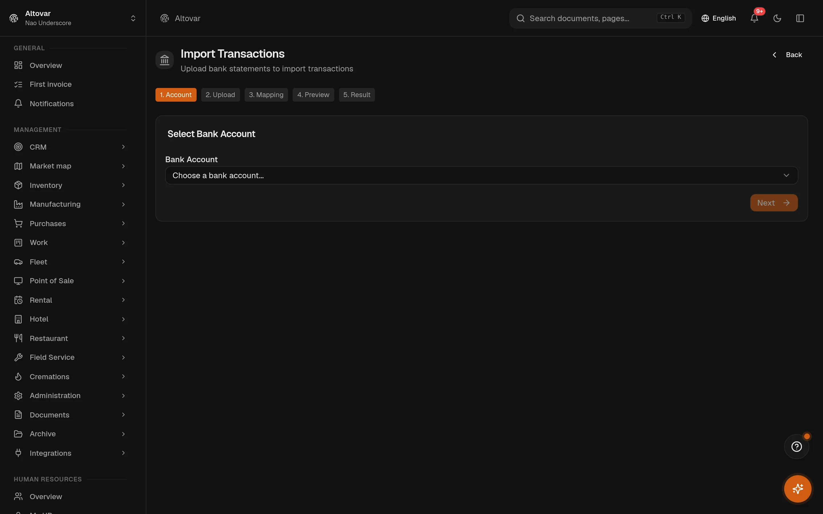 The Equinox statement import wizard: account selection and file upload, the first of five steps.