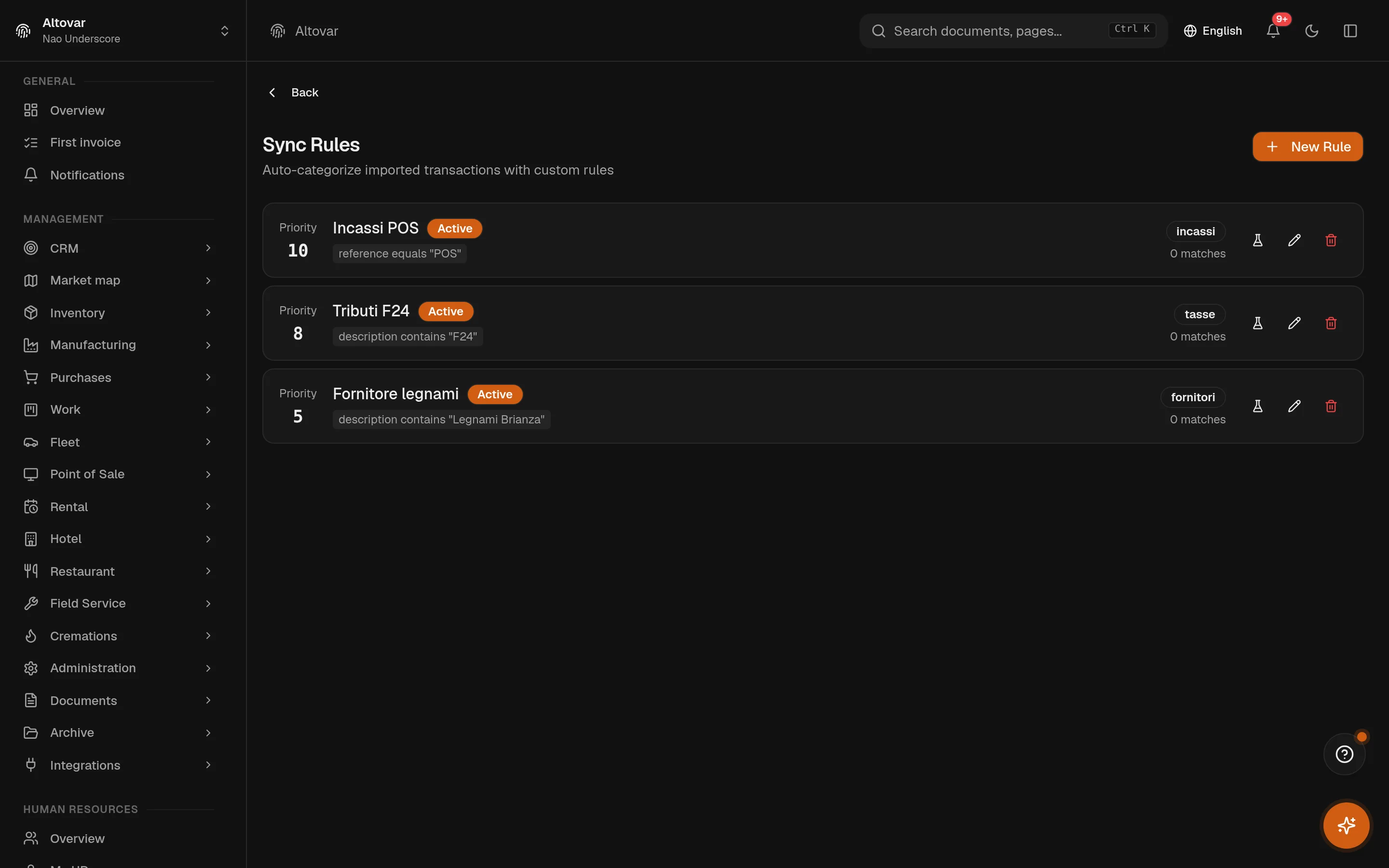 The sync rules page in Equinox: prioritised rules with their conditions, actions and match counters.