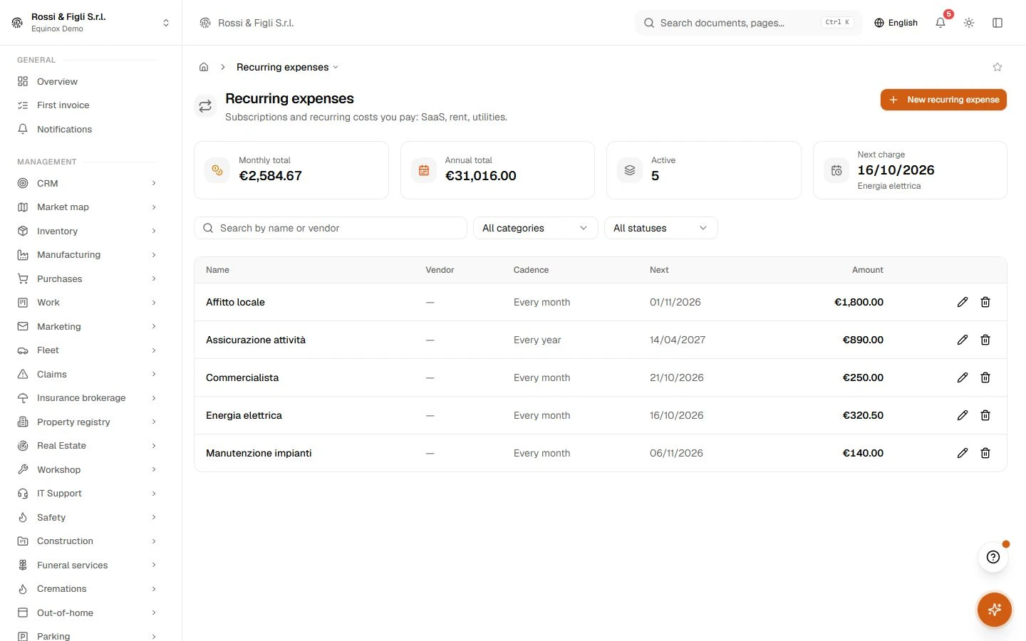 The Equinox recurring expenses view: expense templates of a demo company with frequency, amount and next occurrence.