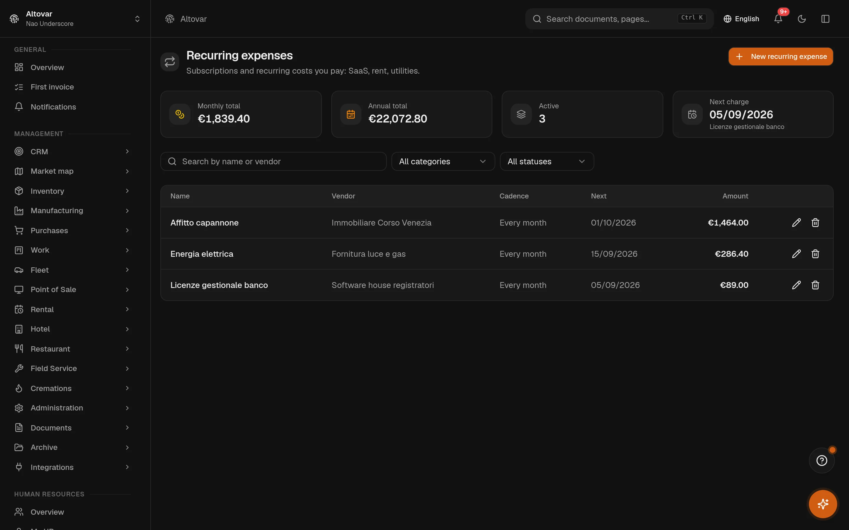 The Equinox recurring expenses view: expense templates of a demo company with frequency, amount and next occurrence.