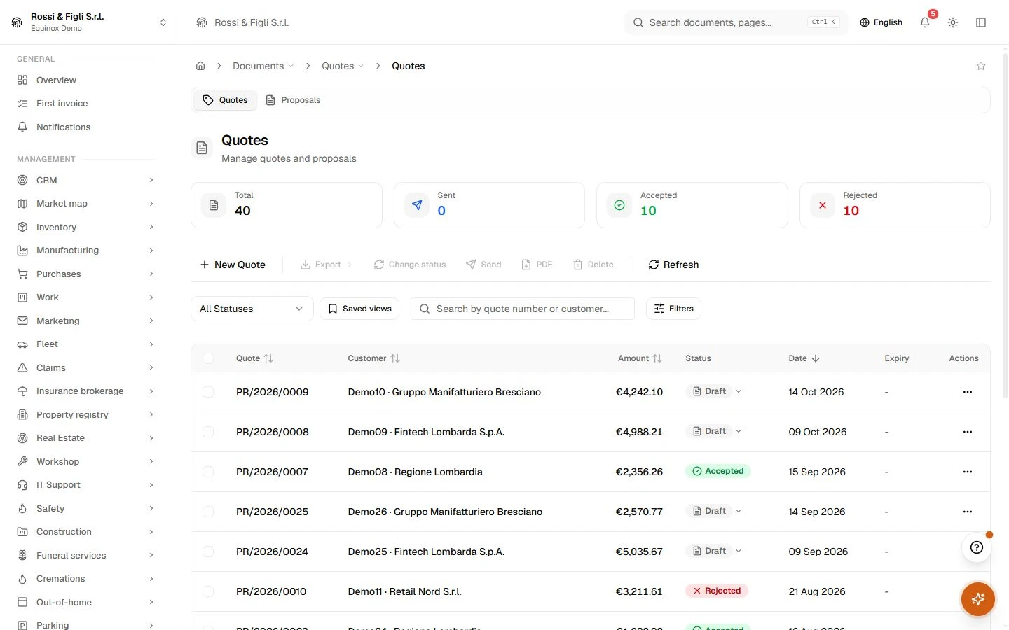 The Equinox quote list: quotes of a demo company with numbers, customers, amounts and statuses.