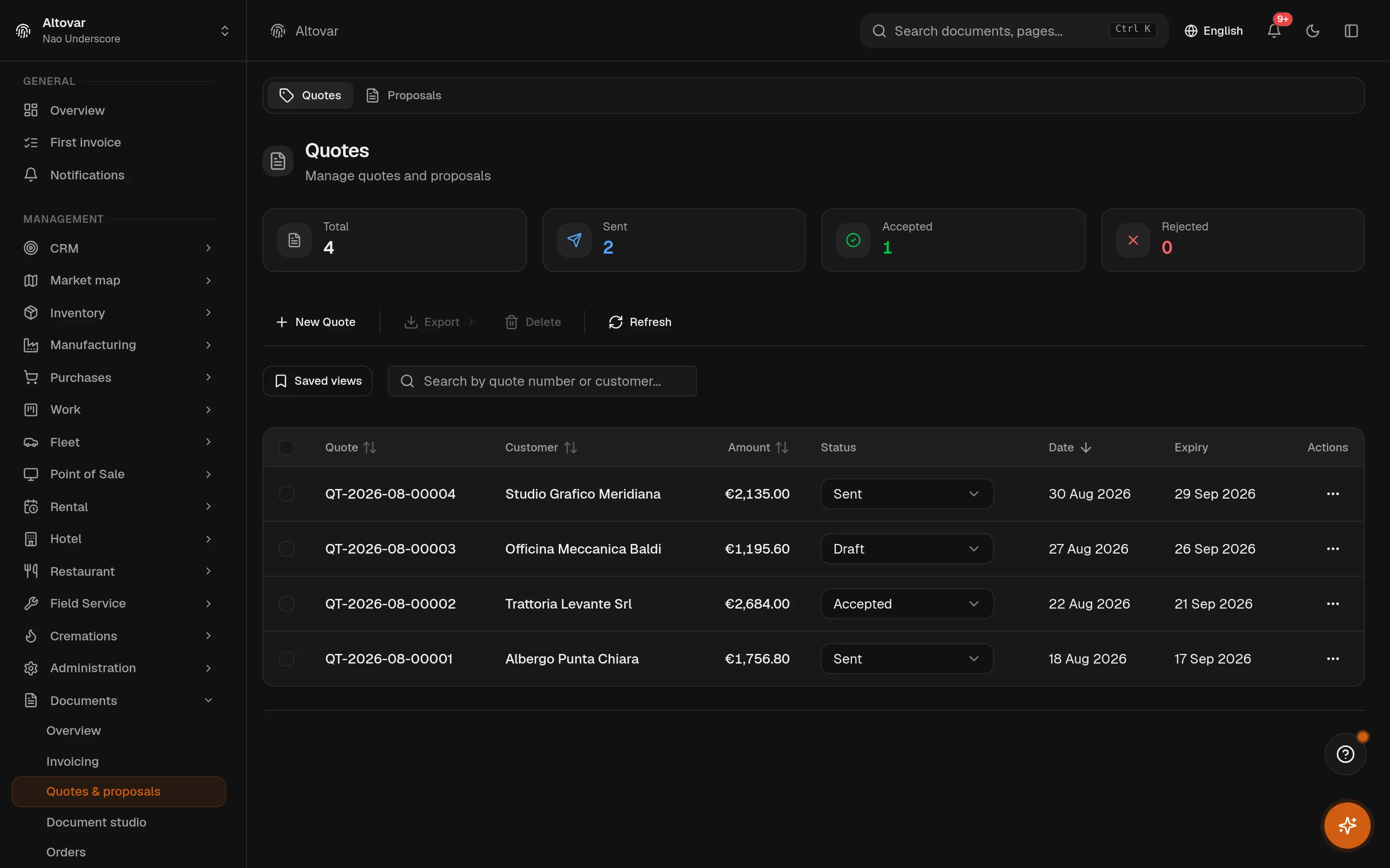 The Equinox quote list: quotes of a demo company with numbers, customers, amounts and statuses.