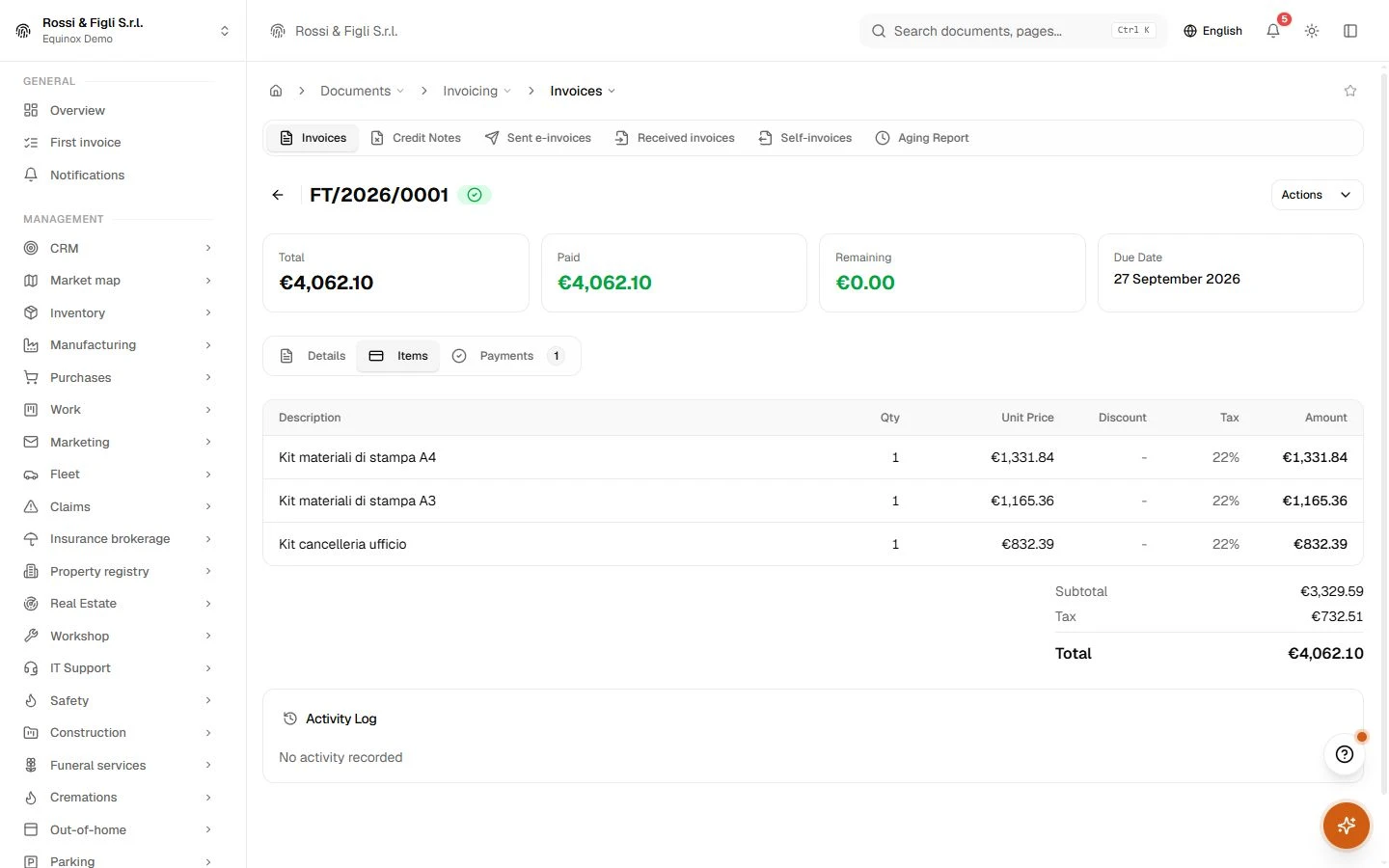 Electronic invoicing — Equinox in use · demo data