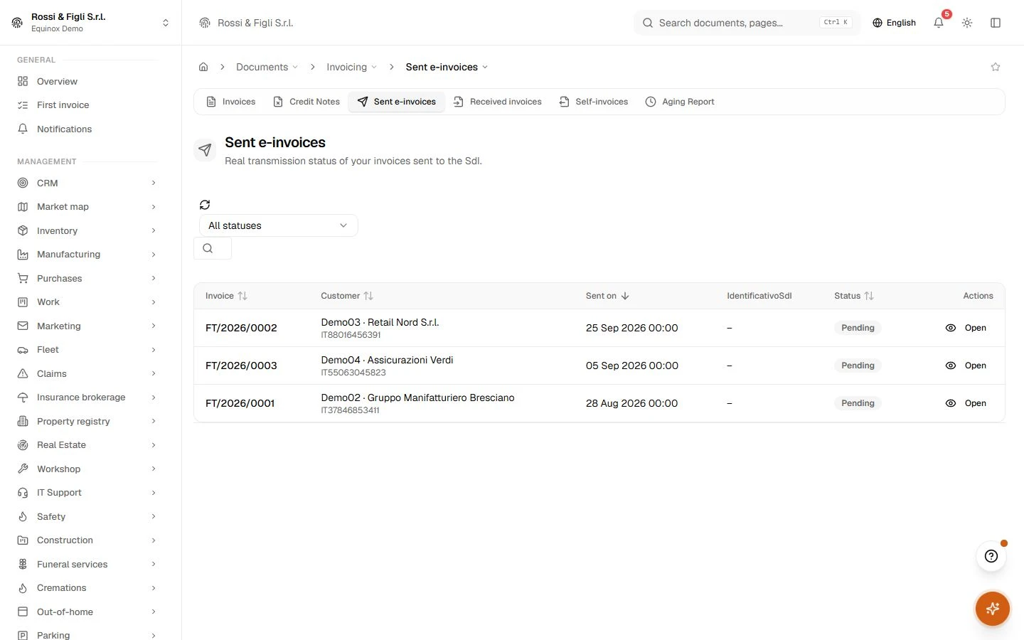 The Equinox electronic invoicing view: transmissions to the exchange system with their current status for a demo company.