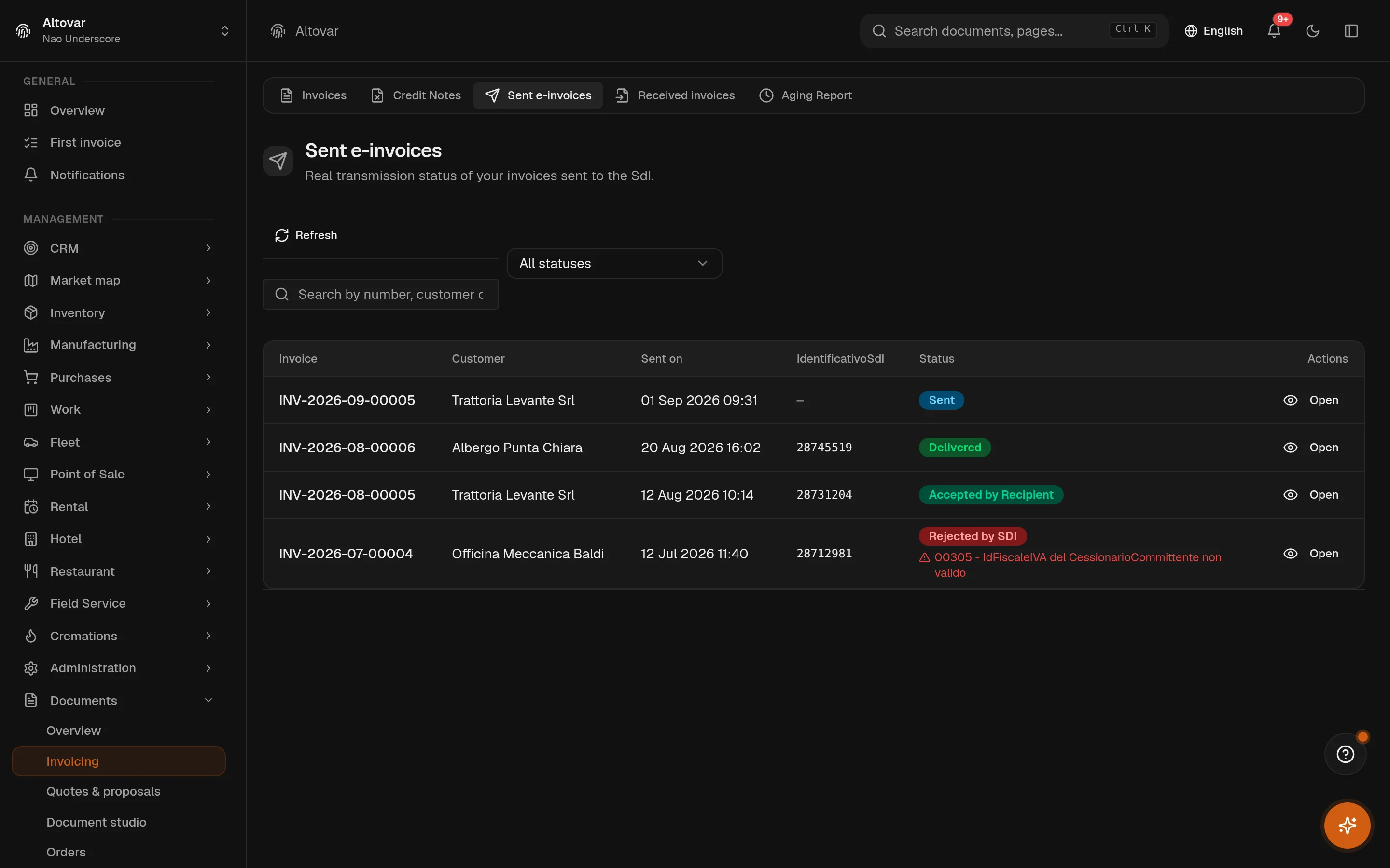 The Equinox electronic invoicing view: transmissions to the exchange system with their current status for a demo company.