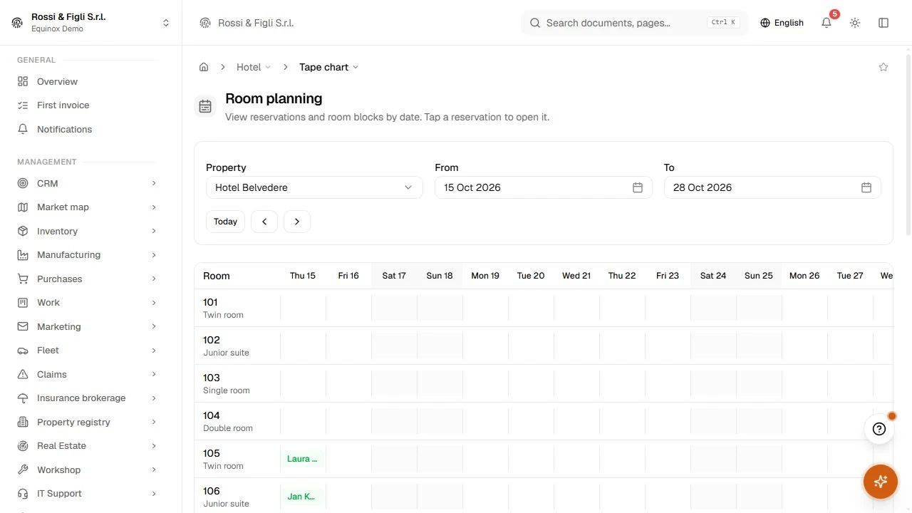 The Equinox hotel tape chart: the rooms of a demo guesthouse as rows, the days as columns, reservations drawn as coloured bars by status across their nights.