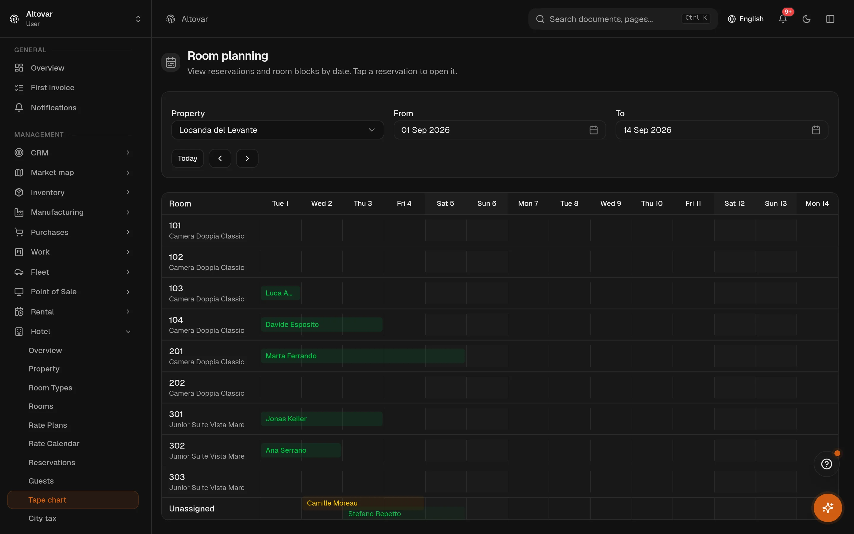 The Equinox room planning: one row per room of a demo hotel over two weeks, bars for the stays in house, and the unassigned bookings on the bottom row.