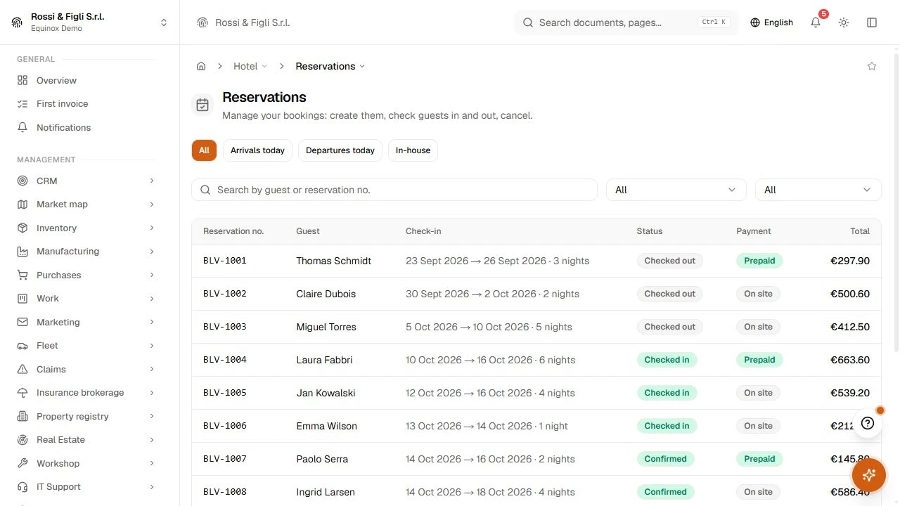 The Equinox hotel reservations list: bookings of a demo guesthouse with guest, room type, dates, source, status and amount.