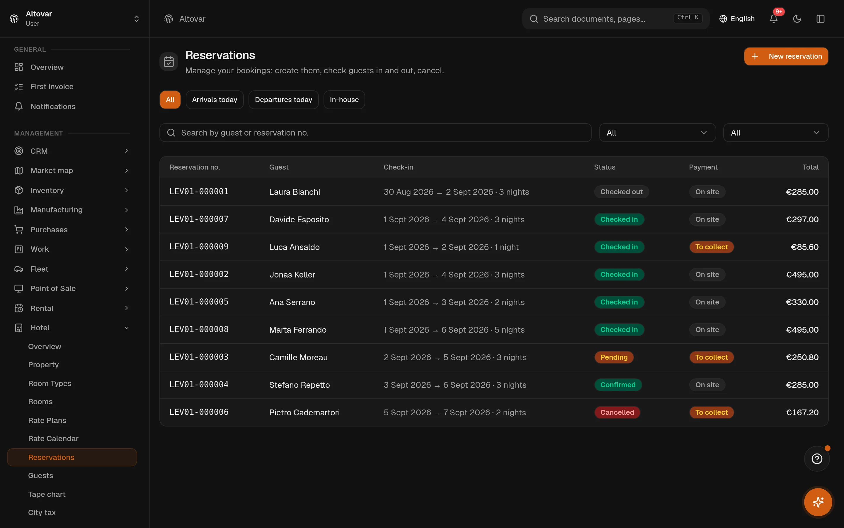 The Equinox hotel bookings list: bookings of a demo property with number, guest, dates and nights, status badge, payment state and total.