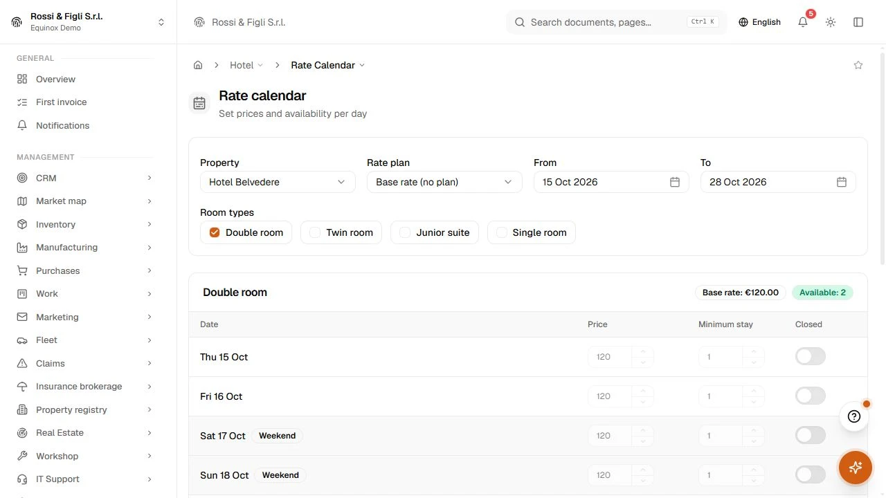 The Equinox daily rates grid: rate plans of a demo guesthouse as rows, days as columns, price, minimum stay and closed dates per cell.