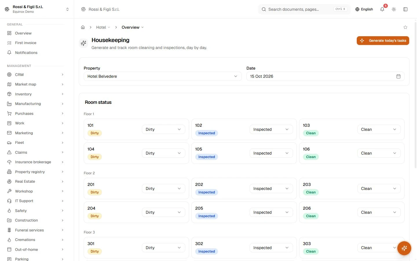 The Equinox housekeeping board: rooms of a demo guesthouse with their status and the day’s cleaning and inspection tasks.