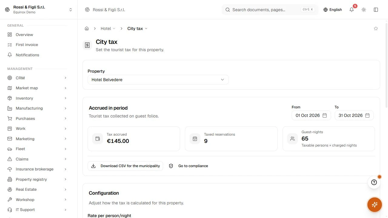 The Equinox city tax view: configuration per person per night with cap and exemptions, and the amount accrued on a demo property.