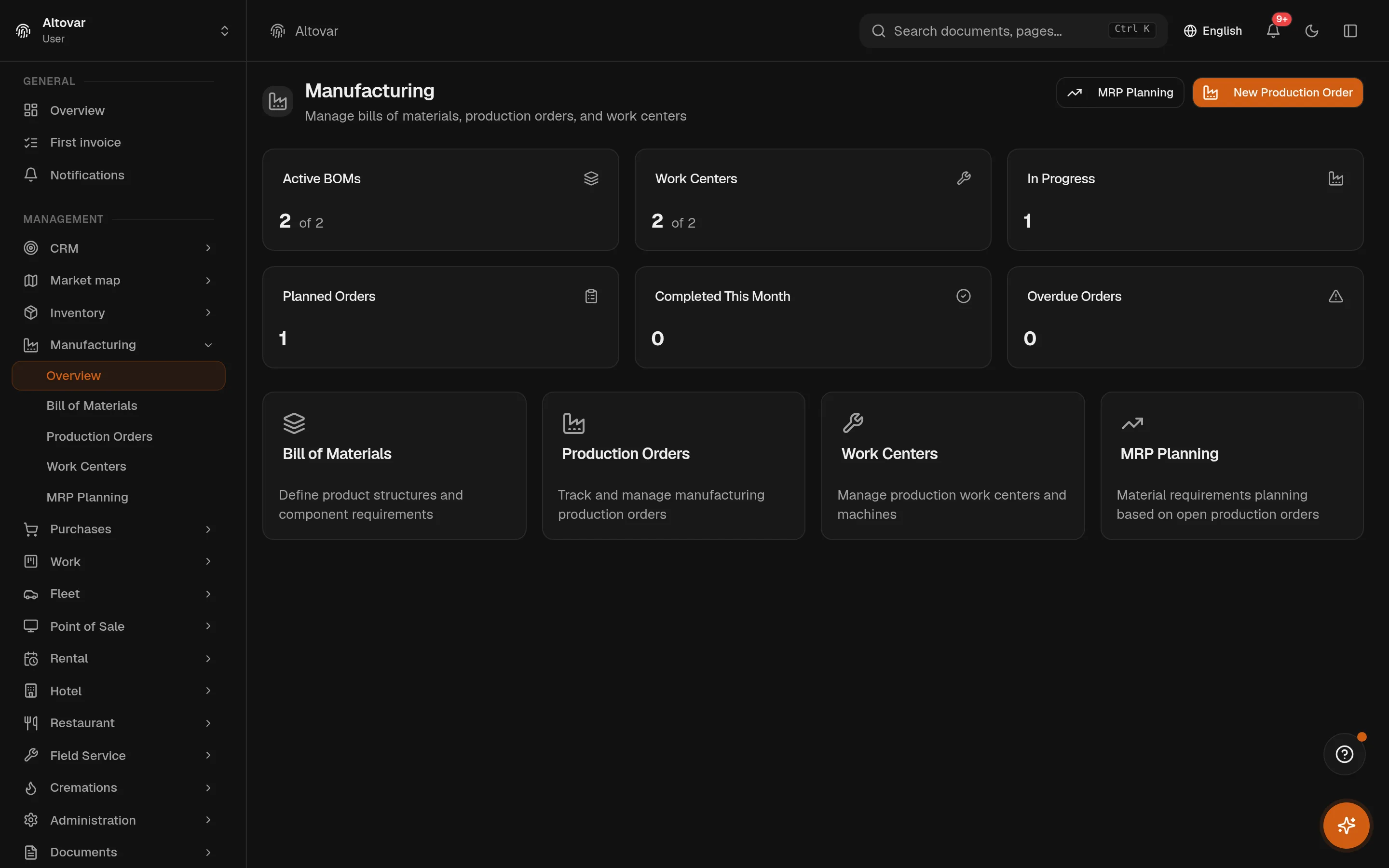 The Equinox manufacturing overview: counters for active bills of materials, work centers, and production orders in progress, planned and overdue, for a demo furniture workshop.
