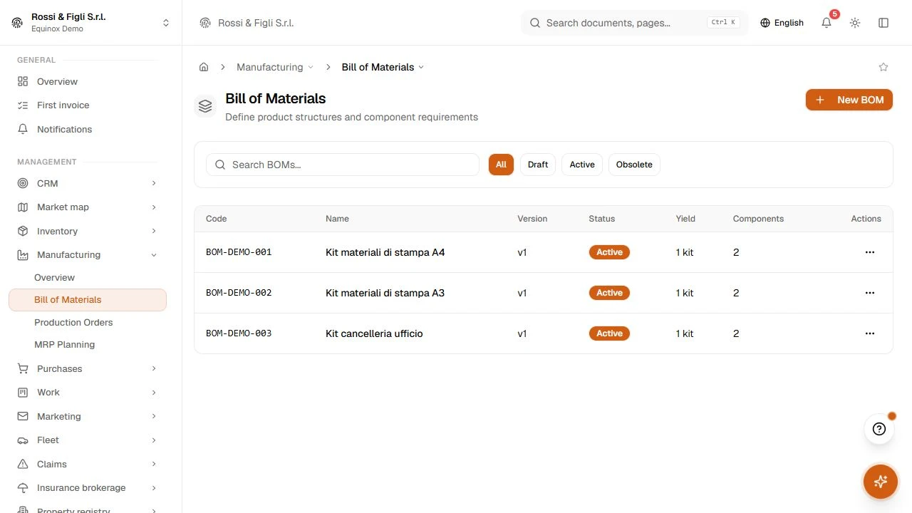 A bill of materials in Equinox for a demo chair: component lines with quantity, unit and waste percentage, the operations with setup and run minutes on their work centers, and the rolled-up standard cost.