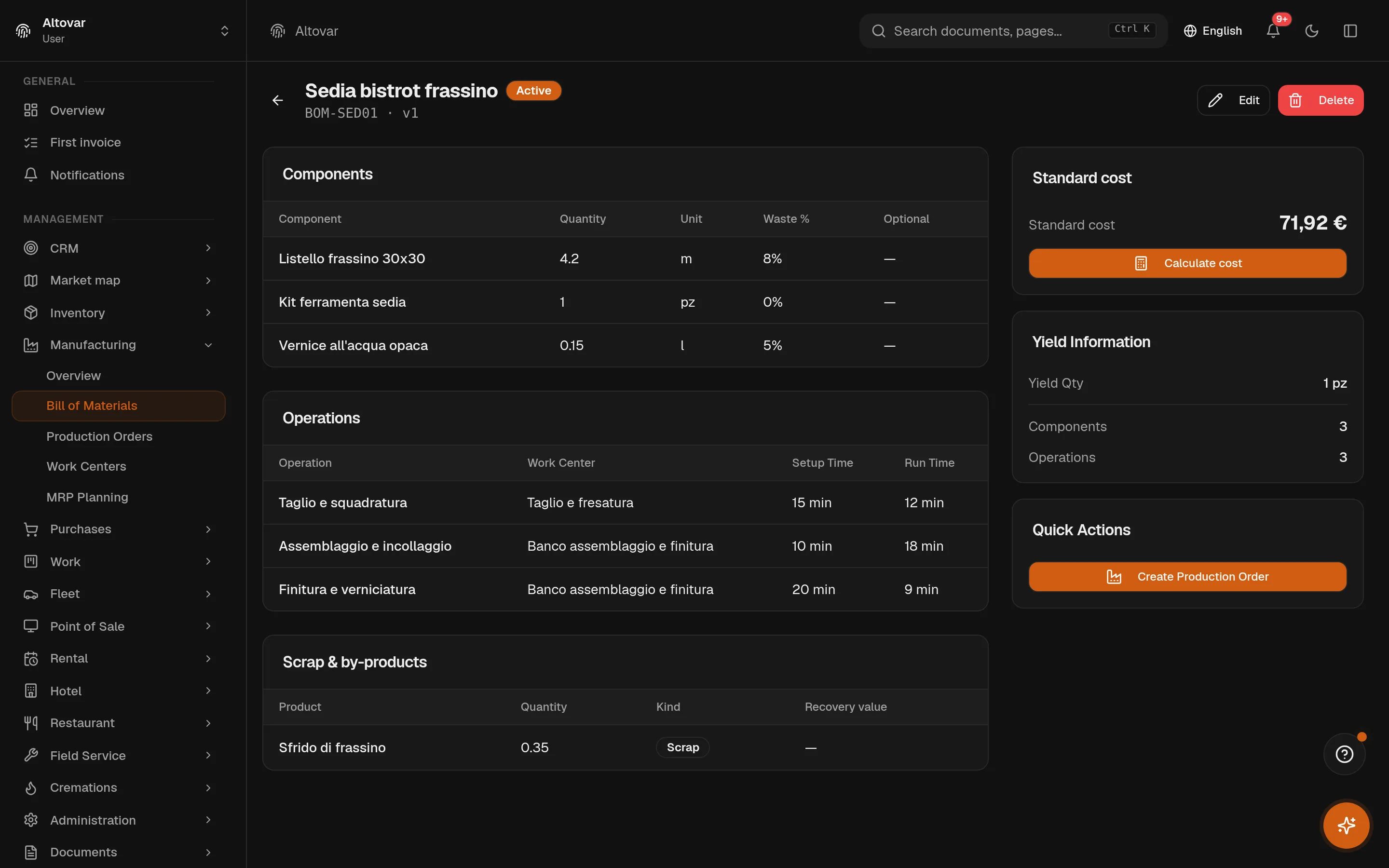 A bill of materials in Equinox: components with waste percentages, three operations with setup and cycle times on two work centers, a scrap line, and a computed standard cost of €71.92.