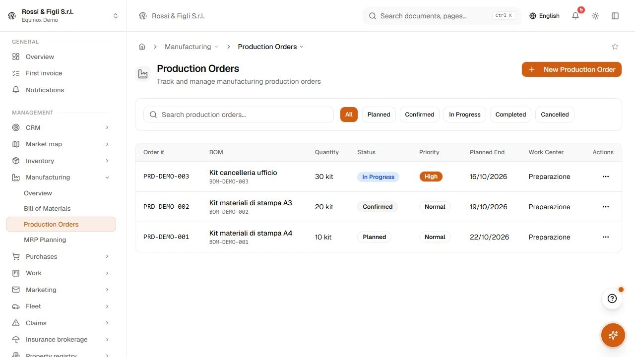 The Equinox production orders list: demo orders with number, product, quantity, state, priority and dates.