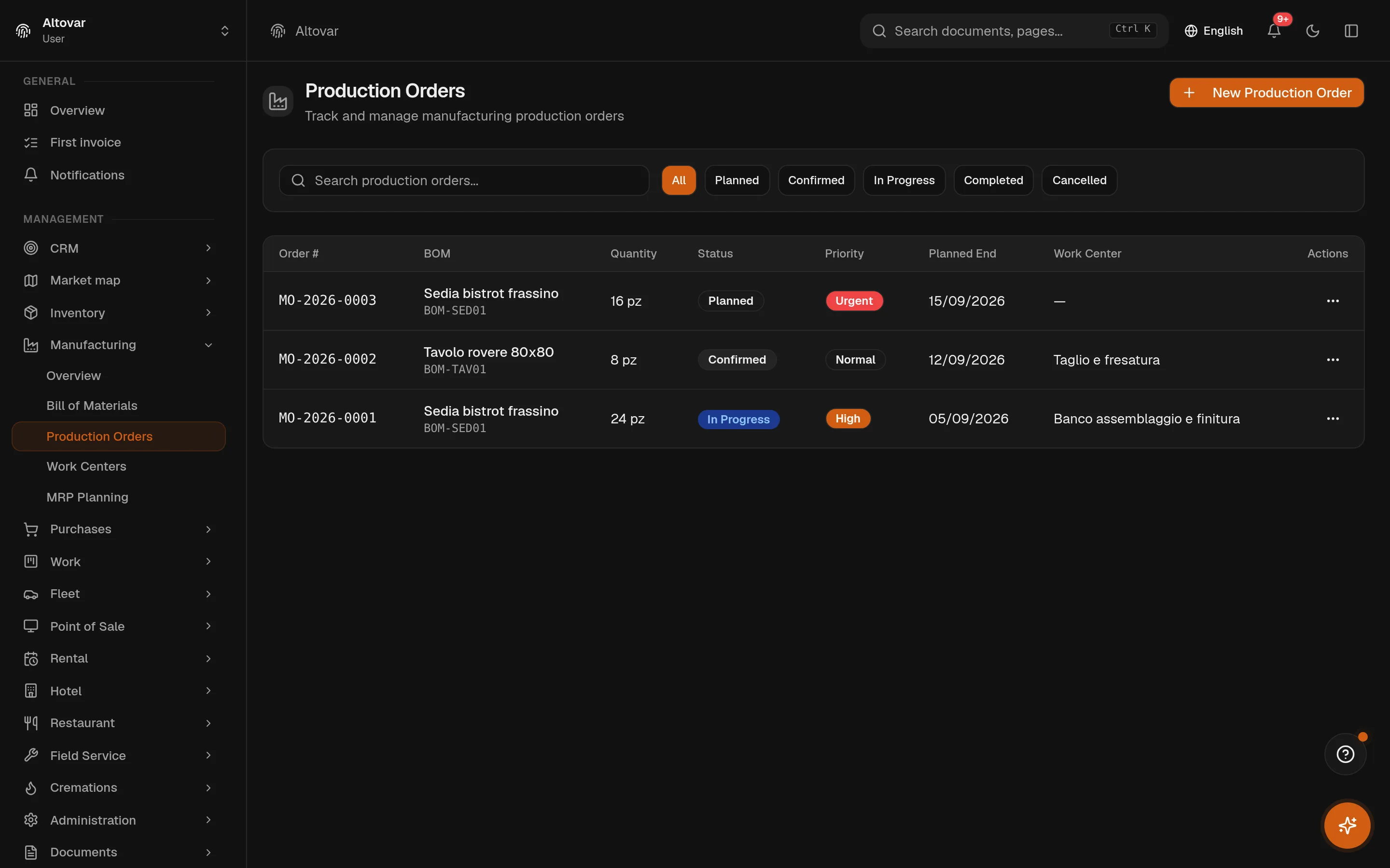 The Equinox production order list: three orders in three different states — planned, confirmed, in progress — with colored priorities, quantities and planned end dates.