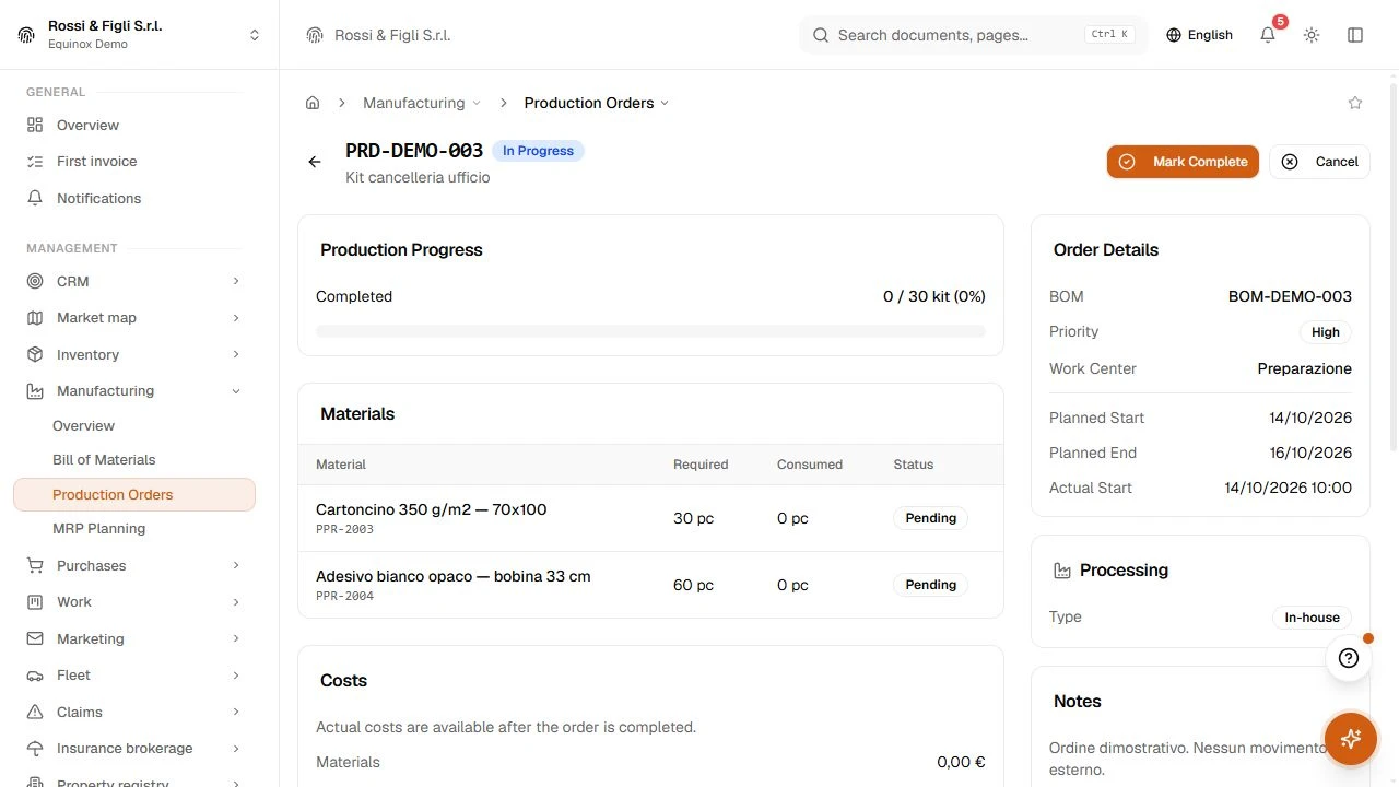 A production order in Equinox: the requirements with waste, the operations with their progress, the time logs and the state actions.