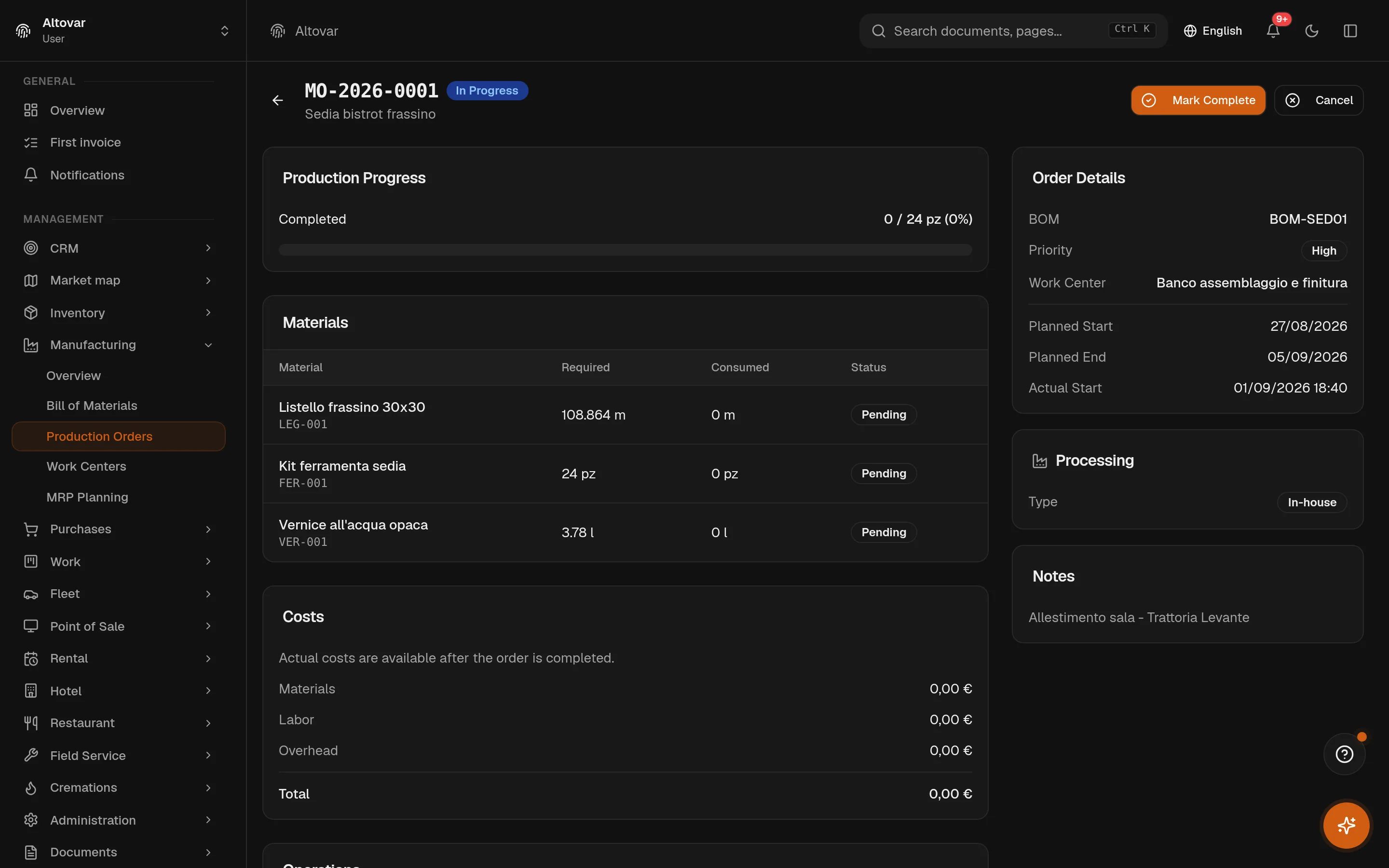 A running production order in Equinox: progress bar at 0 of 24 pieces, exploded materials with required quantities including waste, planned dates and actual start.