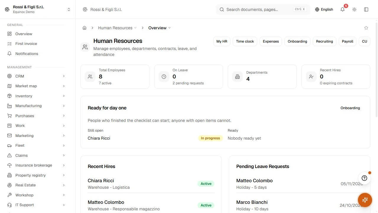 The Equinox HR dashboard: headcount and department counters, recent hires, pending leave requests and expiring contracts for a demo company.