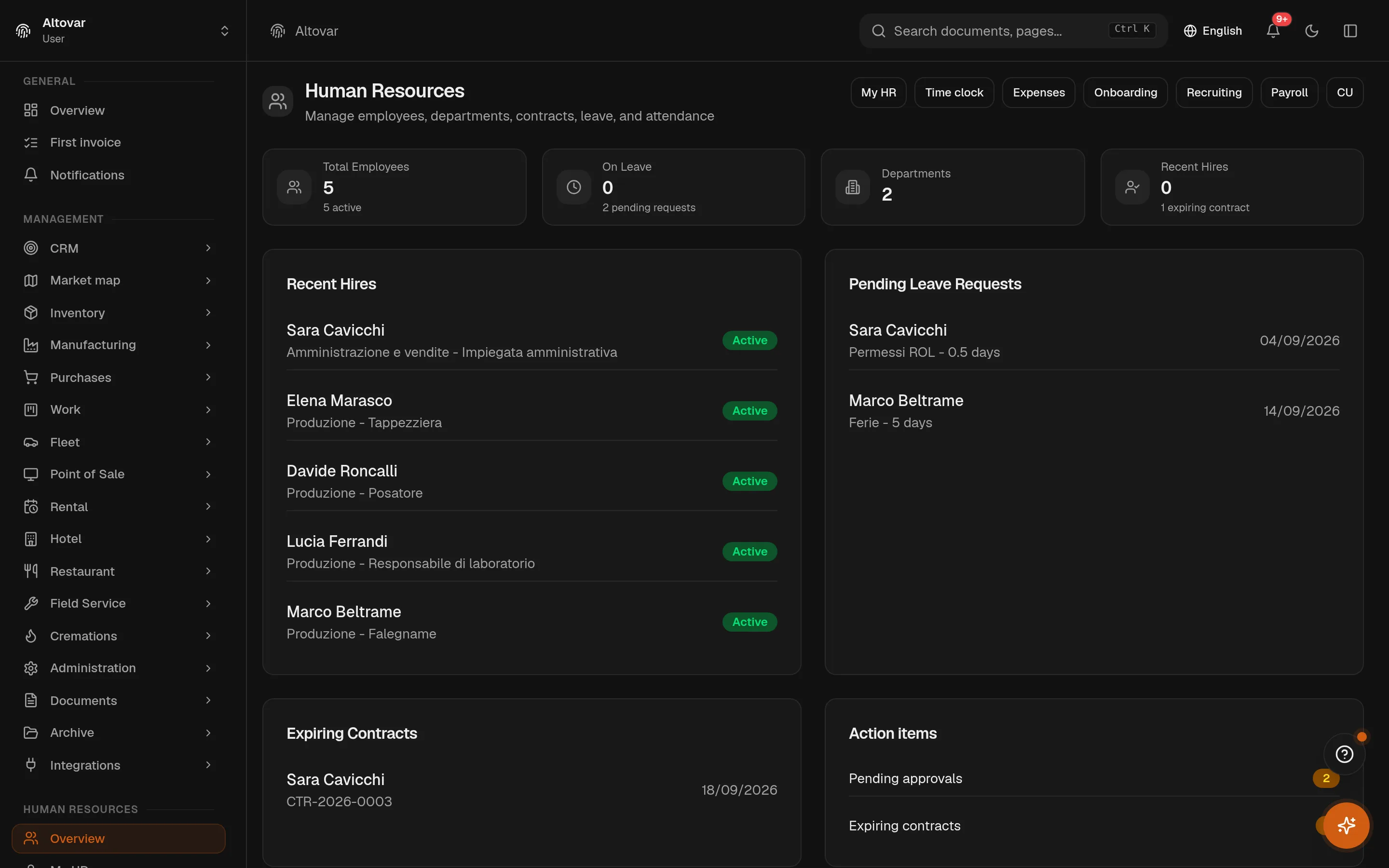The Equinox HR dashboard: headcount and department counters, recent hires, pending leave requests and expiring contracts for a demo company.