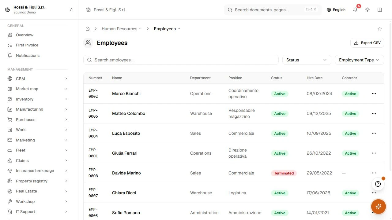 The Equinox employee list: five employees with employee numbers, departments, positions, statuses and contract badges.