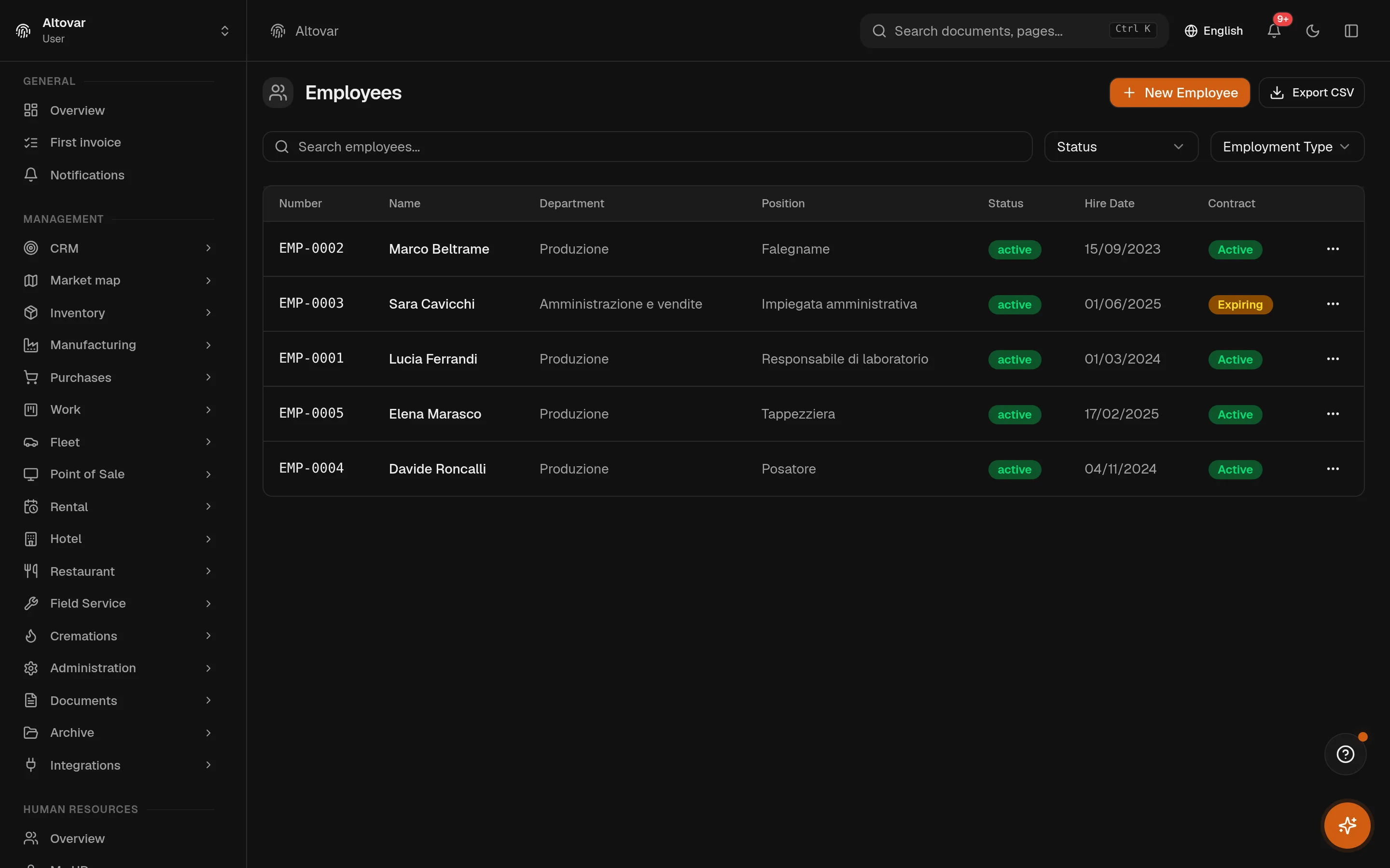 The Equinox employee list: five employees with employee numbers, departments, positions, statuses and contract badges.