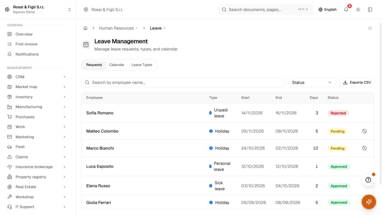 The Equinox leave management page: four requests with colored types, dates, day counts, approval states and approve/reject actions.