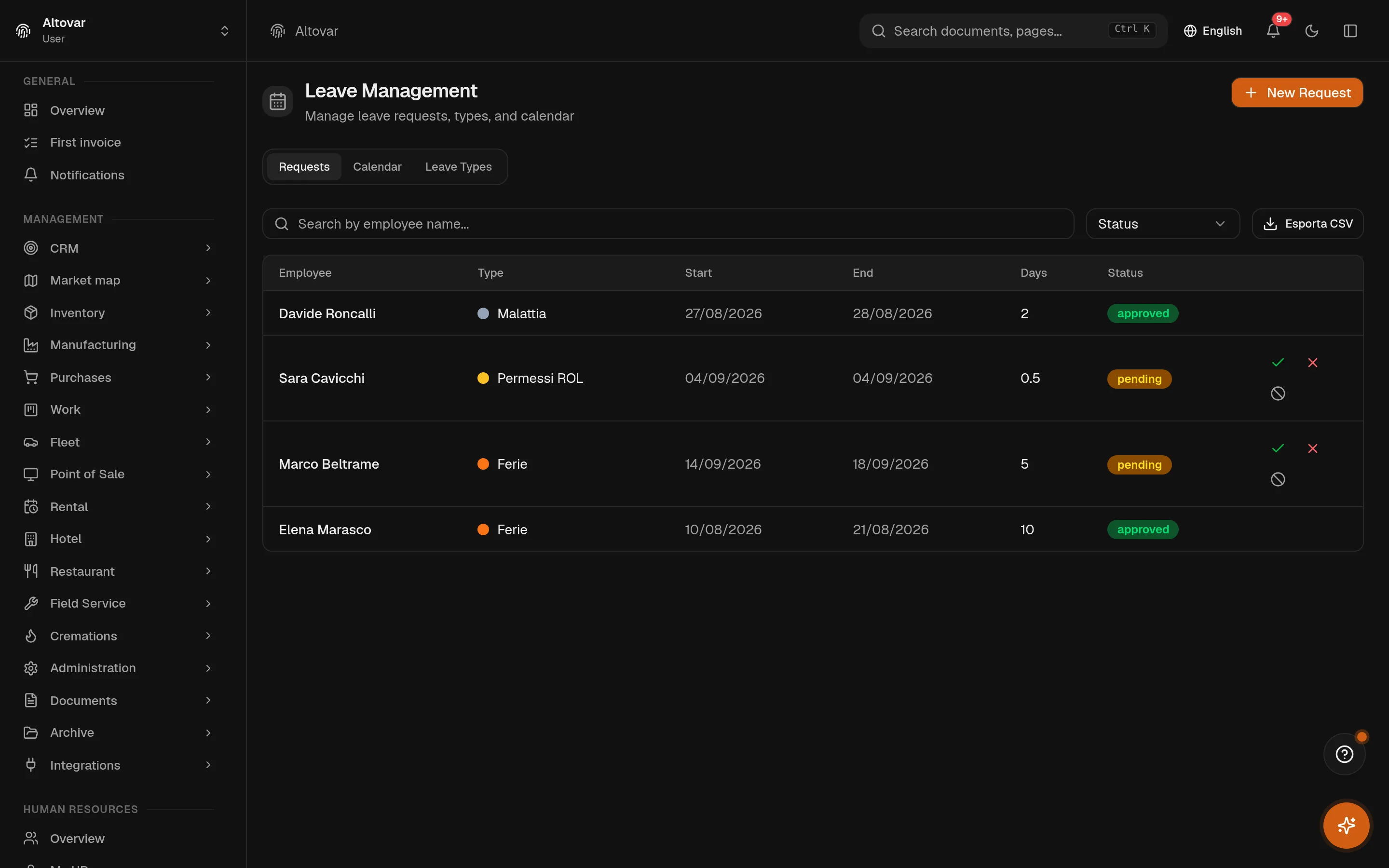 The Equinox leave management page: four requests with colored types, dates, day counts, approval states and approve/reject actions.