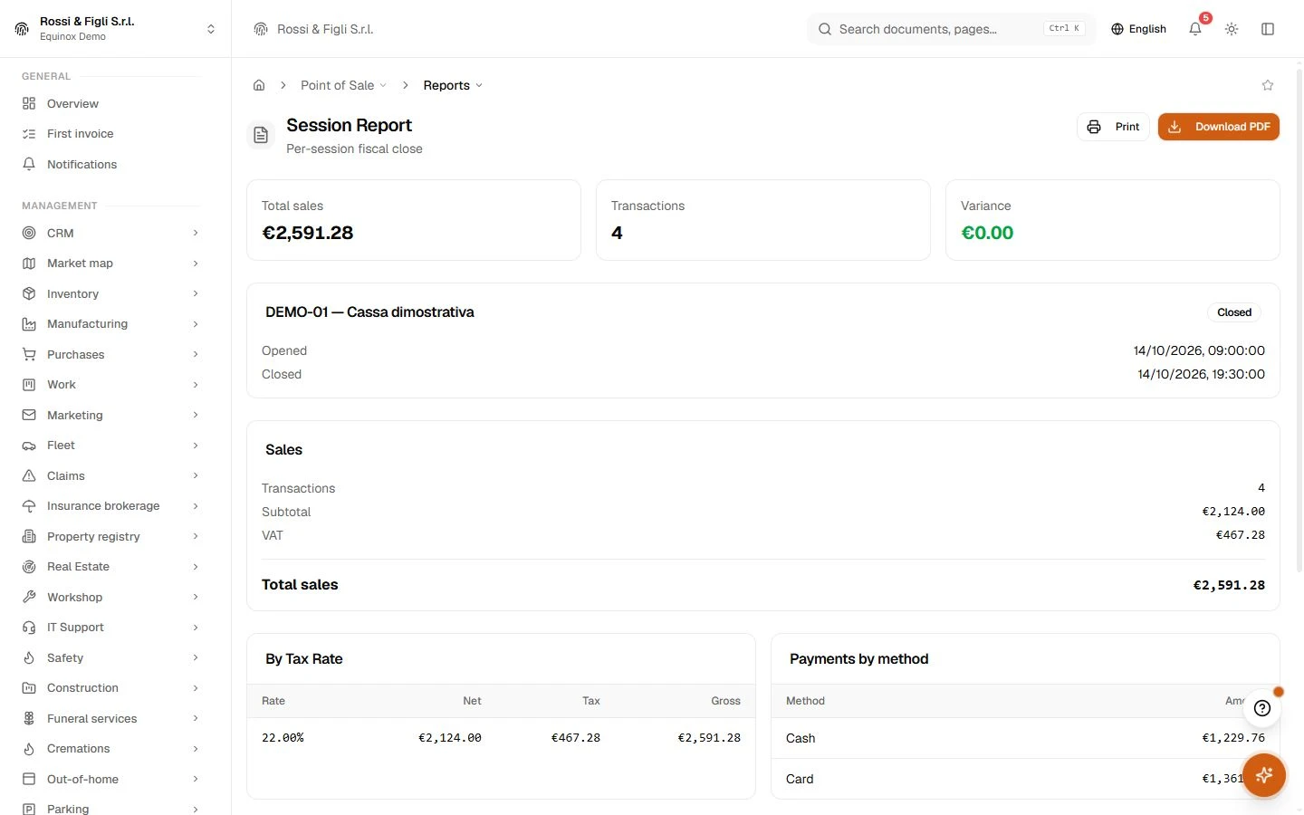 The Equinox register session summary: total sales, transactions, breakdown by VAT rate and by payment method for the open session of a demo till.