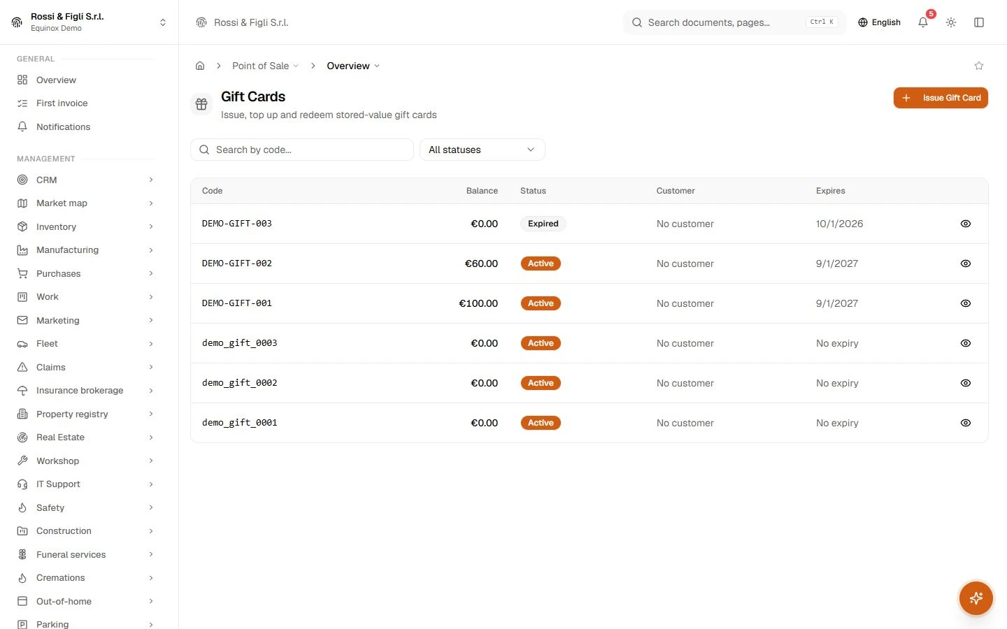 The Equinox gift cards list: cards of a demo shop with code, balance, state and expiry.
