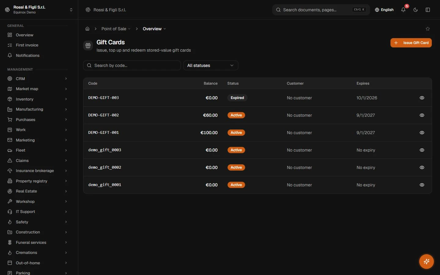 The Equinox gift cards list: cards of a demo shop with code, balance, state and expiry.