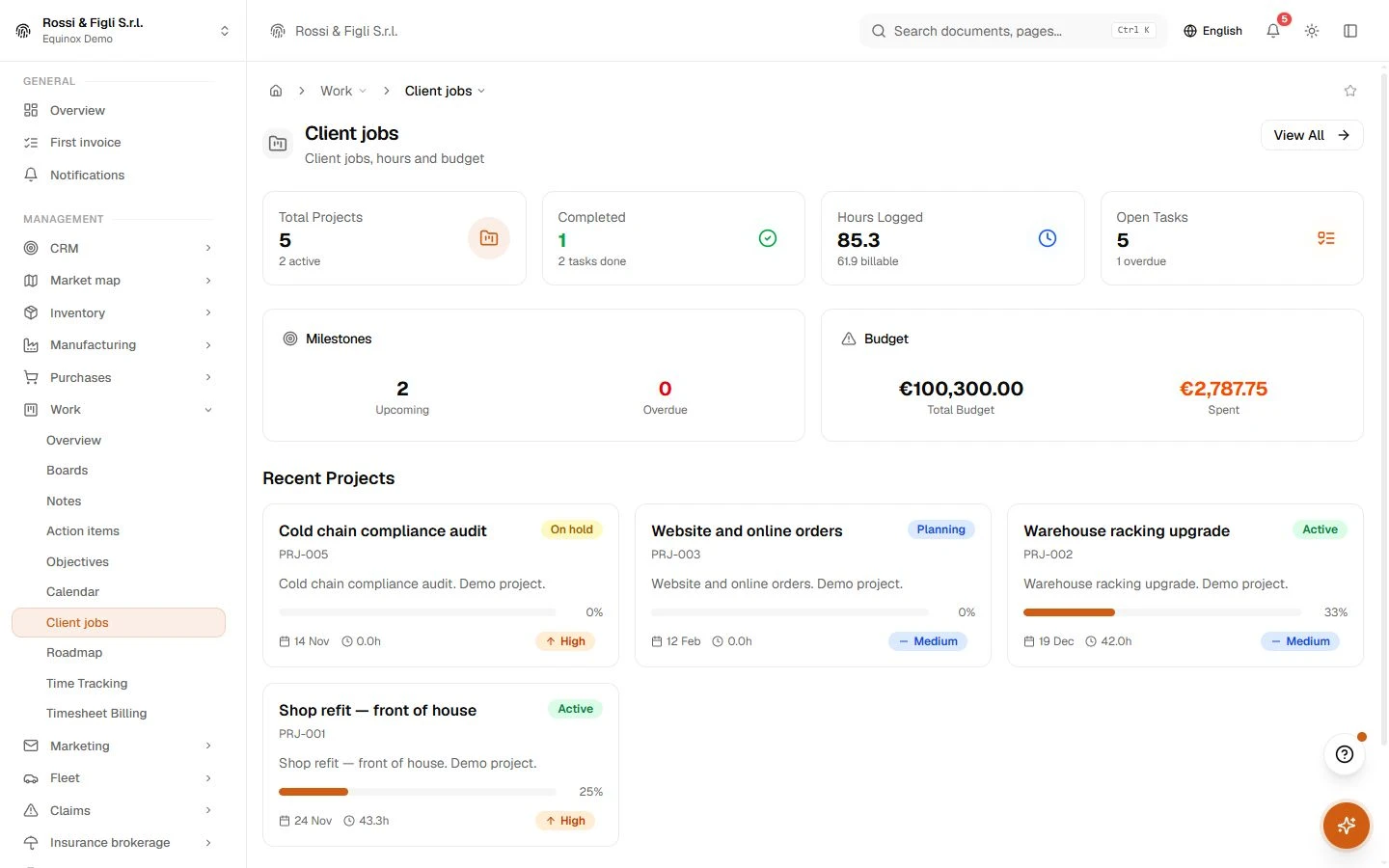 The Equinox projects dashboard: project and task counters, hours and milestones, with two demo projects — a restaurant dining-room fit-out and a hotel hall renovation.